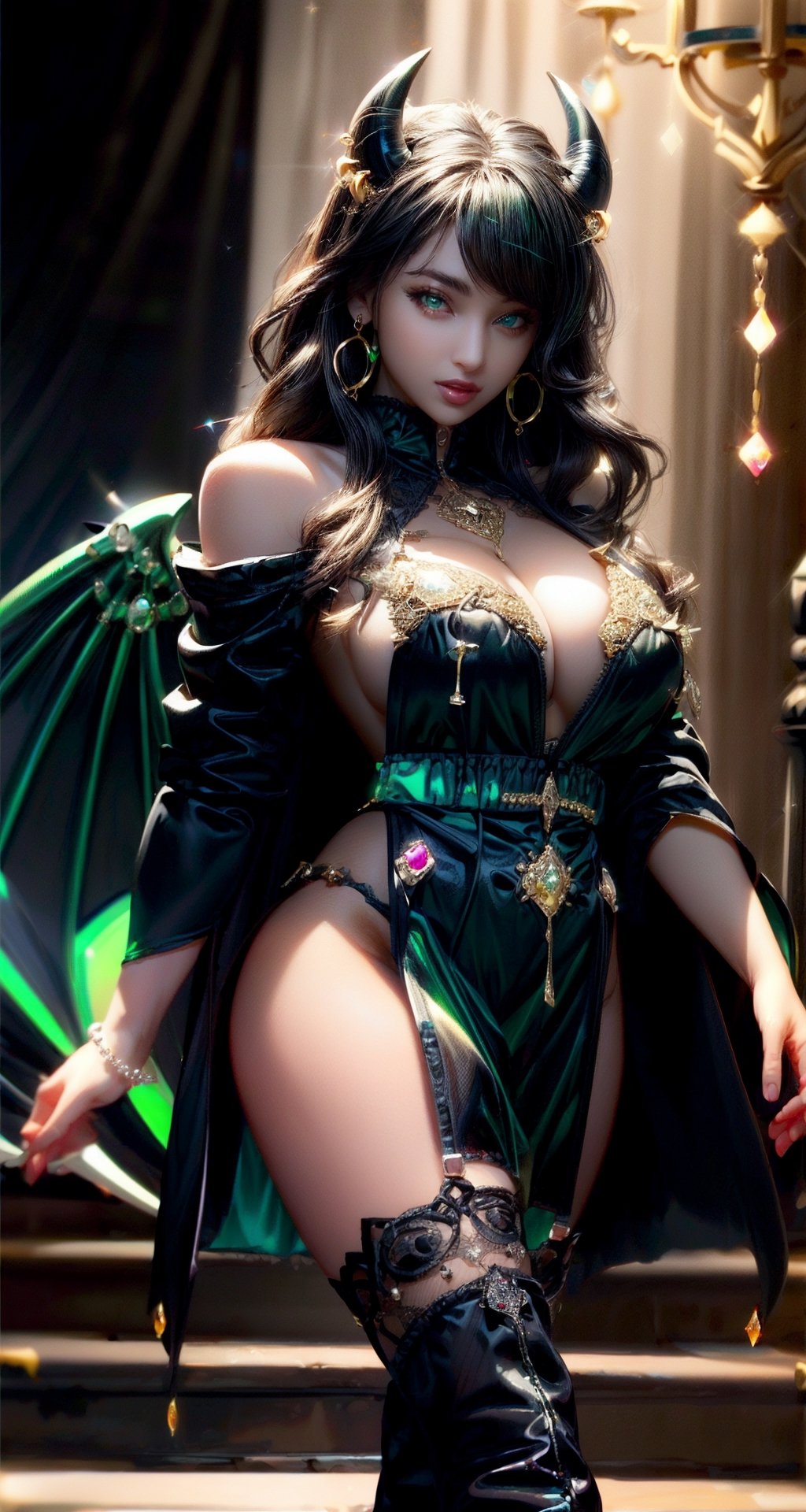 (best quality:1.4), high resolution, 8k, realistic, sharp focus, black haired demon girl, wavy hair, medium length hair, (black green and gold sexy lingerie:1.4), bright green eyes, shiny skin, blurry light background, EpicSky,1 girl, beautiful american girl, (pair of large black devil's wings from shoulders:1.4), full body, devil_horns, jewelry, (dangling_jeweled_earrings_with_gems:1.4), (dangling_jeweled_naval_piercing_with_gems:1.4), seductive_smile, happy,(anne hathaway:0.6),(sandra bullock:0.7), (walking:1.2) ,large_breasts, swept_bangs, thigh_high_stockings, knee_high_boots, SEE THROUGH, Sexy_attire, (sheer black open robe:1.4),sexy lingerie