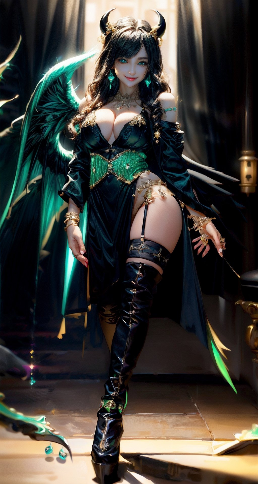 (best quality:1.4), high resolution, 8k, realistic, sharp focus, black haired demon girl, wavy hair, medium length hair, (black green and gold sexy lingerie:1.4), bright green eyes, shiny skin, blurry light background, EpicSky,1 girl, beautiful american girl, (pair of large black devil's wings from shoulders:1.4), full body, devil_horns, jewelry, (dangling_jeweled_earrings_with_gems:1.4), (dangling_jeweled_naval_piercing_with_gems:1.4), (seductive_smile:1.4), (happy:1.2),(anne hathaway:0.6),(sandra bullock:0.7), (walking:1.2) ,large_breasts, (swept_bangs:1.2), thigh_high_stockings, knee_high_boots, SEE THROUGH, Sexy_attire, (sheer black open robe:1.4),sexy lingerie