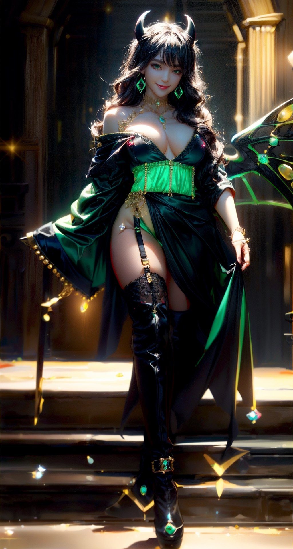 (best quality:1.4), high resolution, 8k, realistic, sharp focus, black haired demon girl, wavy hair, medium length hair, (black green and gold sexy lingerie:1.4), bright green eyes, shiny skin, blurry light background, EpicSky,1 girl, beautiful american girl, (pair of large black devil's wings from shoulders:1.4), full body, devil_horns, jewelry, (dangling_jeweled_earrings_with_gems:1.4), (dangling_jeweled_naval_piercing_with_gems:1.4), (seductive_smile:1.4), (happy:1.2),(anne hathaway:0.6),(sandra bullock:0.7), (walking:1.2) ,large_breasts, (swept_bangs:1.2), thigh_high_stockings, knee_high_boots, SEE THROUGH, Sexy_attire, (sheer black open robe:1.4),sexy lingerie