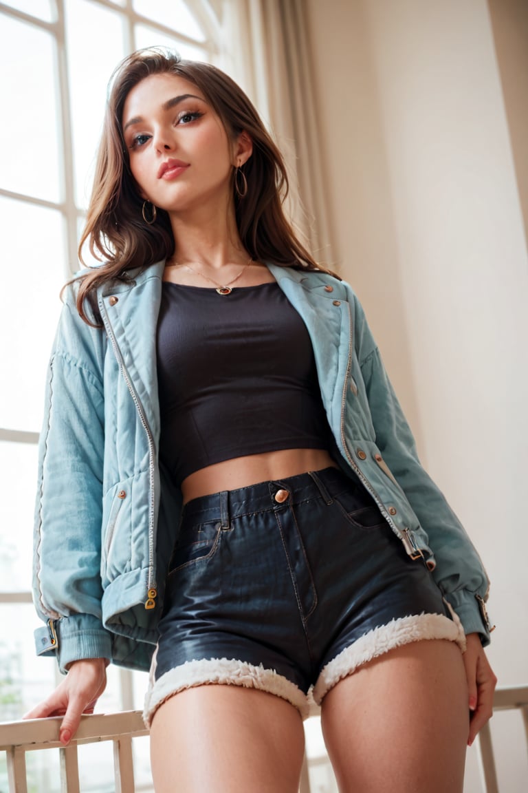 Charming woman, pose , upper body shot, wide angle shot, masterpiece, hyper details, intricate details, cute jacket, beautiful shorts,score_9, score_8_up, score_8,,score_7_up,