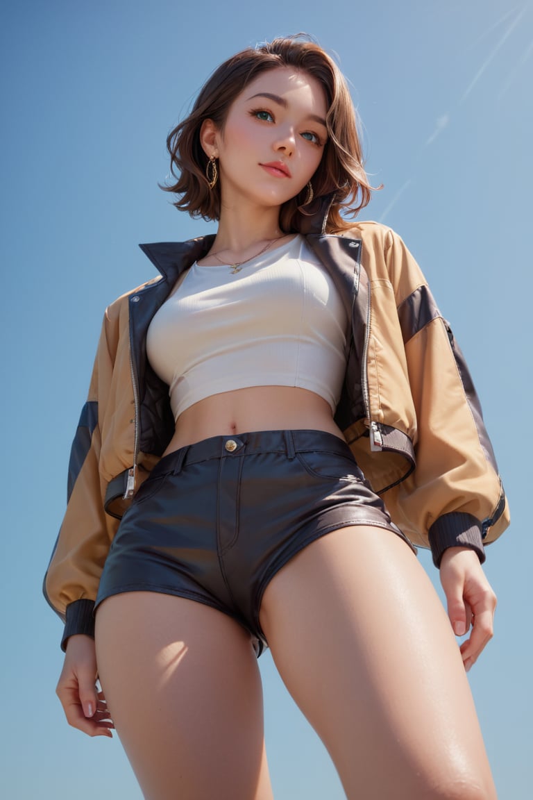 Charming woman, pose , upper body shot, wide angle shot, masterpiece, hyper details, intricate details, cute jacket, beautiful shorts,score_9, score_8_up, score_8,,score_7_up,