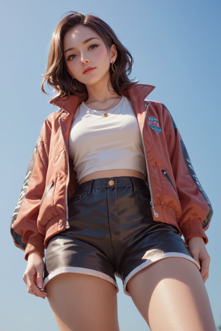 Charming woman, pose , upper body shot, wide angle shot, masterpiece, hyper details, intricate details, cute jacket, beautiful shorts,score_9, score_8_up, score_8,,score_7_up,