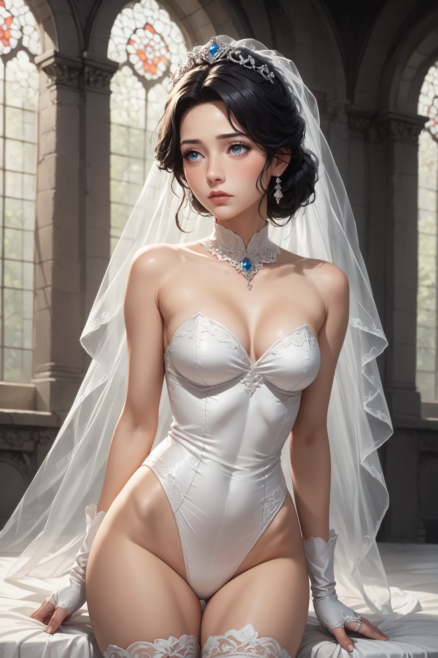 score_9, score_8_up, score_7_up,1girl,young,Japanese girl, fair skin, cute, ,masterpiece,((best quality, 8k, ultra-detailed)),cg,perfect anatomy,(solo:1.4),pretty face,leotard,bridal veil,stockings,long_black_hair,sexy_pose,in the cathedral, 8K,(profile:0.6),blush,shy,