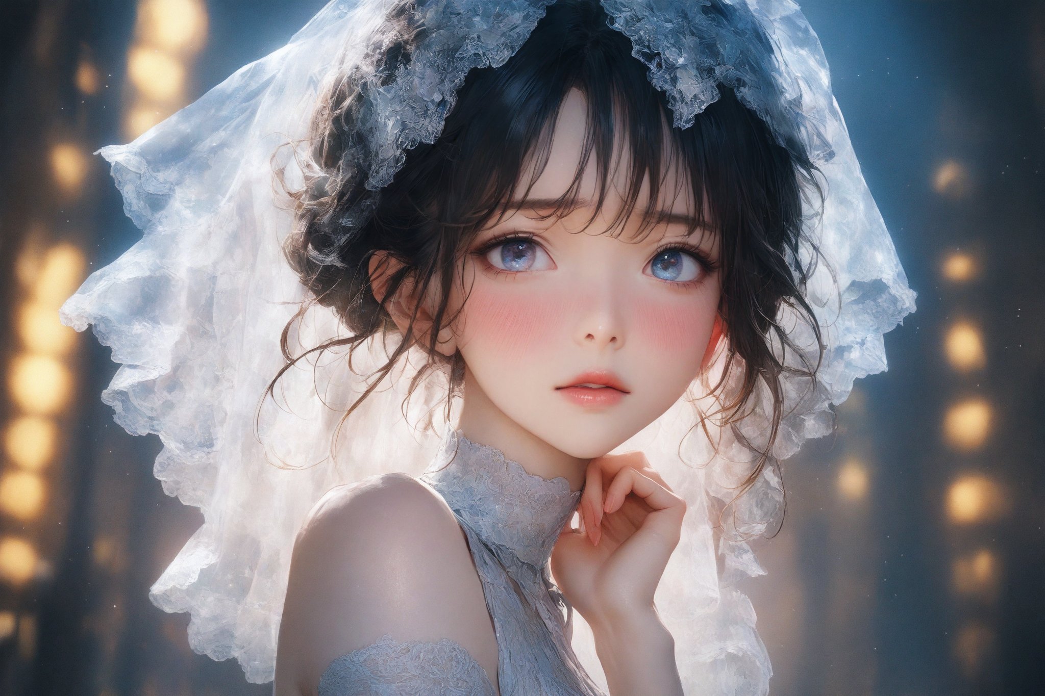 score_9, score_8_up, score_7_up,1 girl,beautiful Girl ,extremely detailed and delicate anime face and eyes,single focus,Beautiful Lips, {correct posture}, {minutes details}, {detailed body}, {detailed clothing}, {Bright Eyes}, {accessories}, {solo},8k,(Hands:1.1), ((best quality)), ((masterpiece)), high_res,young,Japanese girl, fair skin, cute, ,masterpiece,((best quality, 8k, ultra-detailed)),cg,perfect anatomy,(solo:1.4),pretty face,leotard,bridal veil,stockings,long_black_hair,sexy_pose,in the cathedral, 8K,(profile:0.6),blush,shy,disney pixar style,masterpiece, realistic,natural light, dynamic far view shot,cinematic lighting, perfect composition, by sumic.mic, ultra detailed, official art, masterpiece, (best quality:1.3), reflections, extremely detailed cg unity 8k wallpaper, detailed background,(hyperrealistic:1.4), (photorealistic:1.2), highres, score_9_up