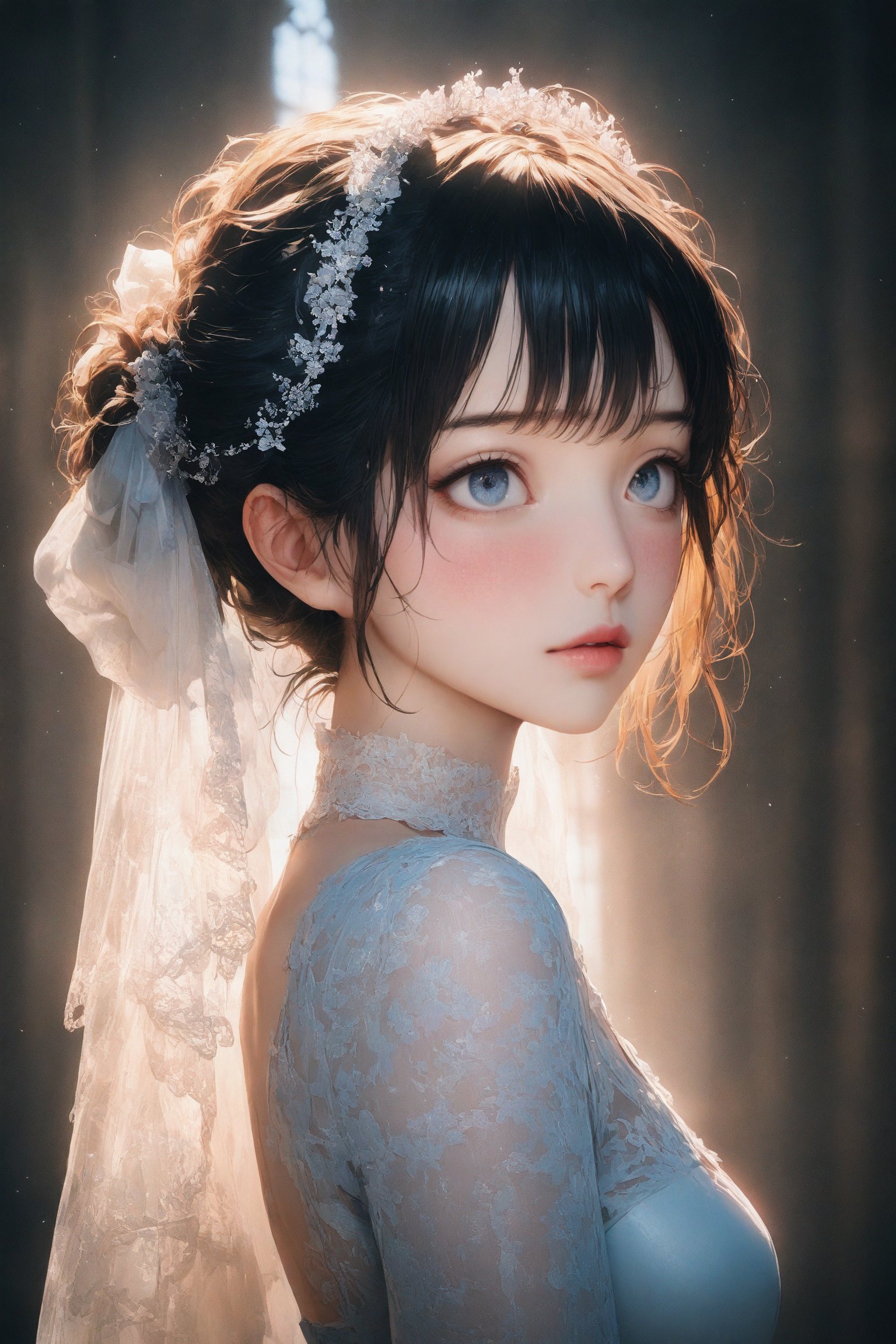 score_9, score_8_up, score_7_up,1 girl,beautiful Girl ,extremely detailed and delicate anime face and eyes,single focus,Beautiful Lips, {correct posture}, {minutes details}, {detailed body}, {detailed clothing}, {Bright Eyes}, {accessories}, {solo},8k,(Hands:1.1), ((best quality)), ((masterpiece)), high_res,young,Japanese girl, fair skin, cute, ,masterpiece,((best quality, 8k, ultra-detailed)),cg,perfect anatomy,(solo:1.4),pretty face,leotard,bridal veil,stockings,long_black_hair,sexy_pose,in the cathedral, 8K,(profile:0.6),blush,shy,disney pixar style,masterpiece, realistic,natural light, dynamic far view shot,cinematic lighting, perfect composition, by sumic.mic, ultra detailed, official art, masterpiece, (best quality:1.3), reflections, extremely detailed cg unity 8k wallpaper, detailed background,(hyperrealistic:1.4), (photorealistic:1.2), highres, score_9_up