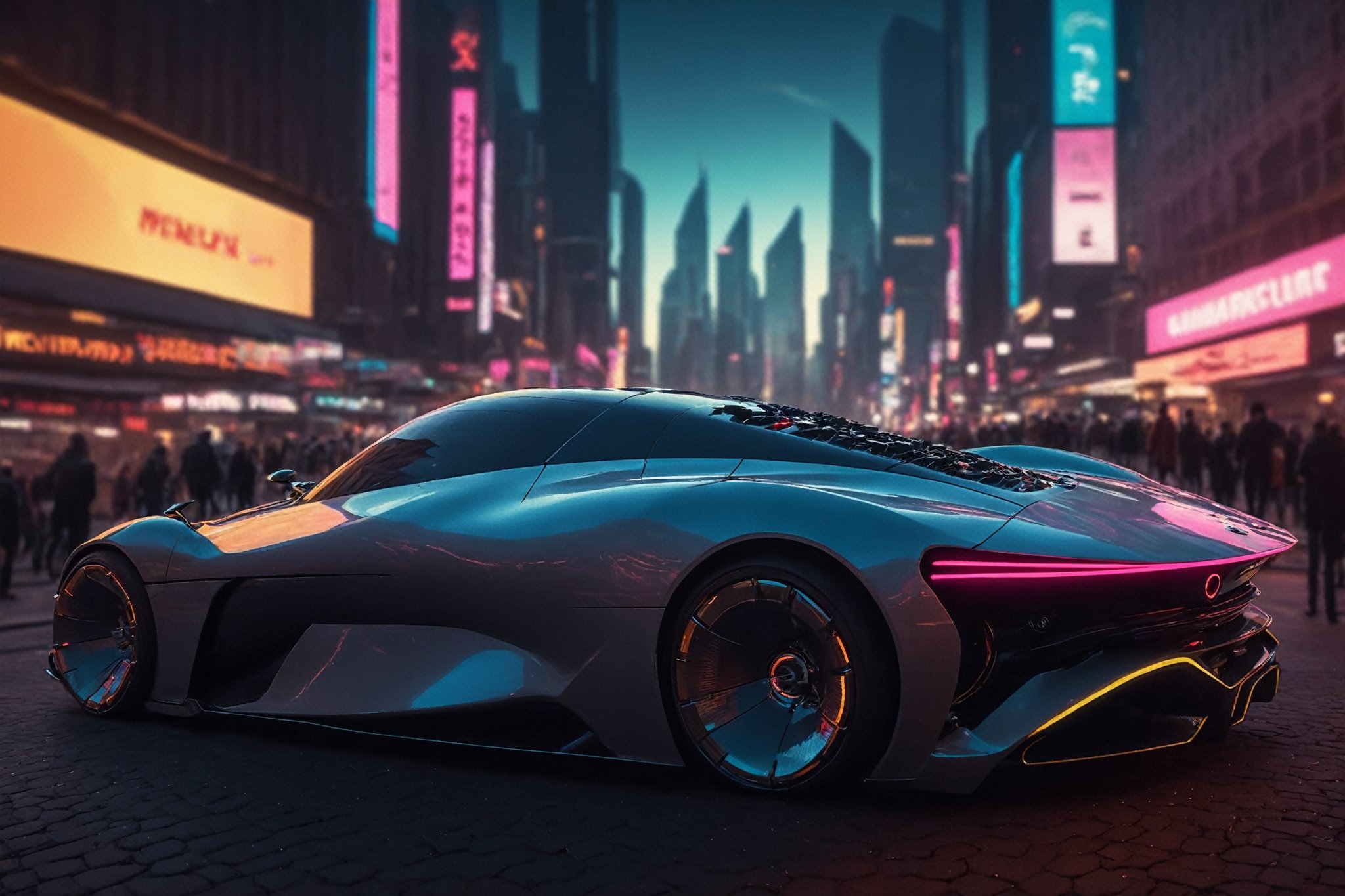 Create a cinematic film still of a futuristic cyberpunk supercar, prominently displayed in a bustling night city square. The image should exude a high-budget, epic atmosphere, with a sharp focus on the sleek, smooth lines of the car, which should be highly detailed and rendered in 4K HDR quality for stunning clarity and color depth. The city should be alive with cyberpunk aesthetics, including neon signs and holographic advertisements, captured in cinemascope to emphasize the grandeur of the setting. The mood is moody and gorgeous, with a deep depth of field to highlight the car against the blurred cityscape, accentuated by the bokeh effect of city lights. Ensure the final image is high resolution, with a balance between the sharpness of the car and the smoothness of its surroundings. Mezmerizing atmosphere.