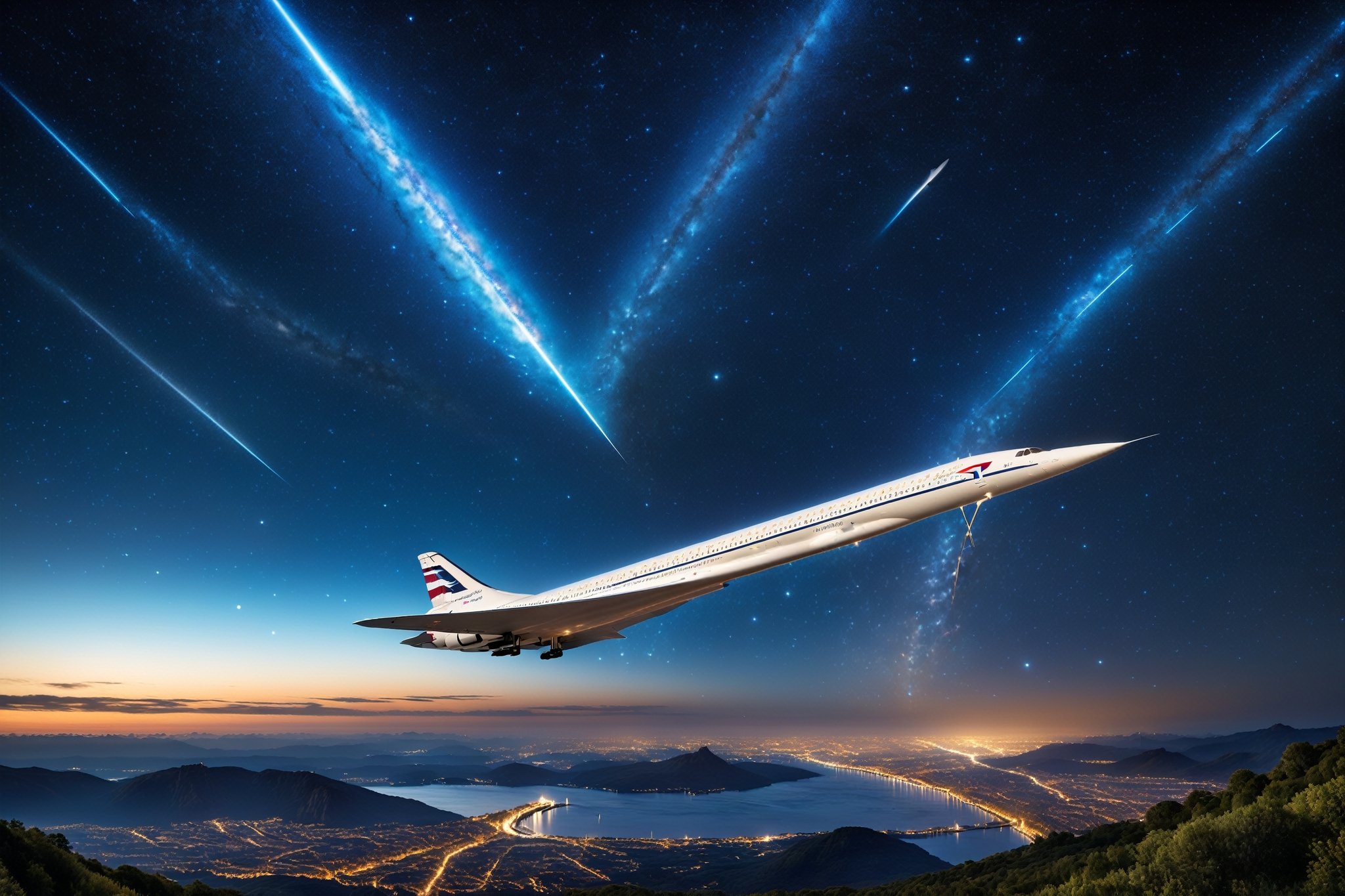 Envision a captivating night scene passenger concorde plane gracefully soaring through a star-studded sky, leaving trails of soft luminescence in its wake, as it embarks on a journey through the tranquil beauty of the night.