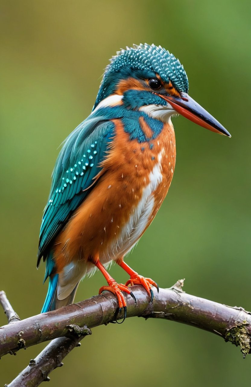 beautiful kingfisher, amazingly detailed realistic photo, kingfisher sitting on a twig, bright colours, the photo gives a touch of spring nature