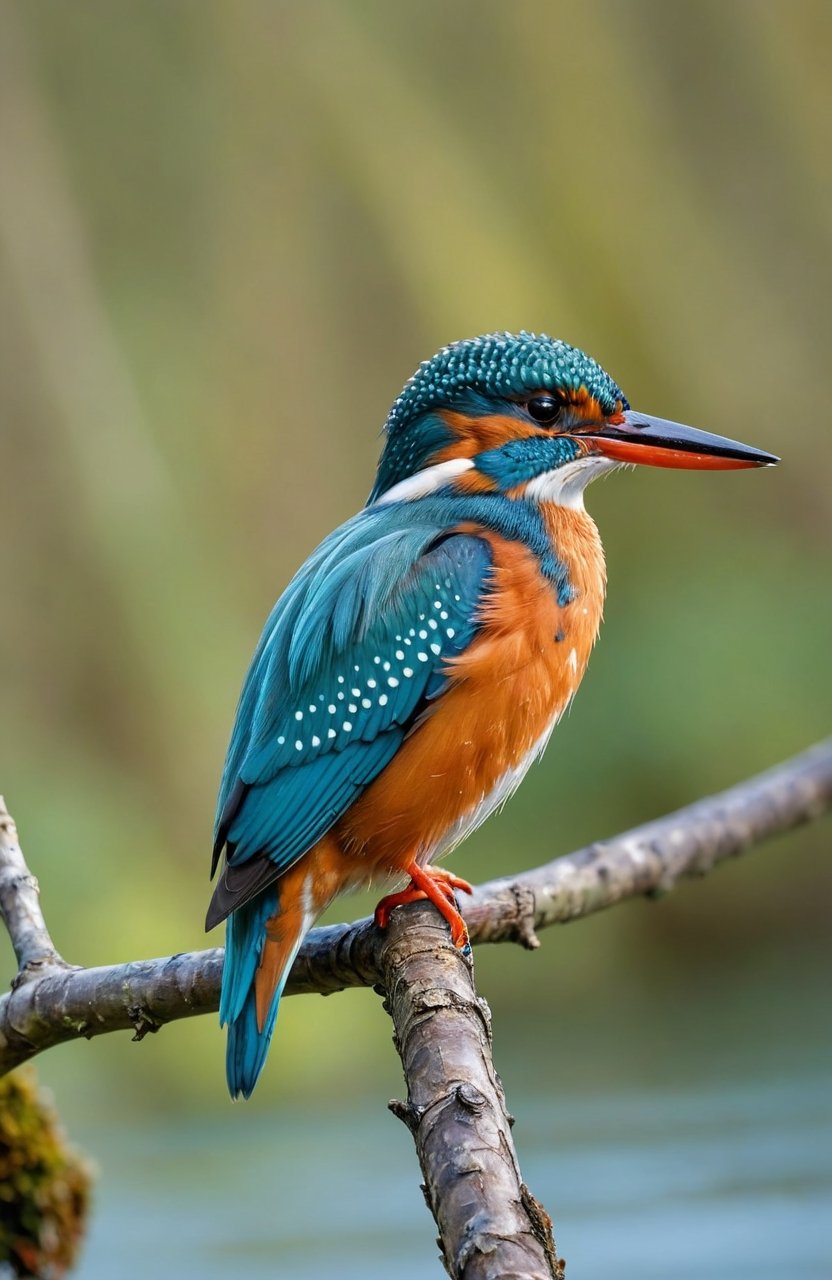 beautiful kingfisher, amazingly detailed realistic photo, kingfisher sitting on a twig, blurred river and trees in the background, bright colours, the photo gives a touch of spring nature