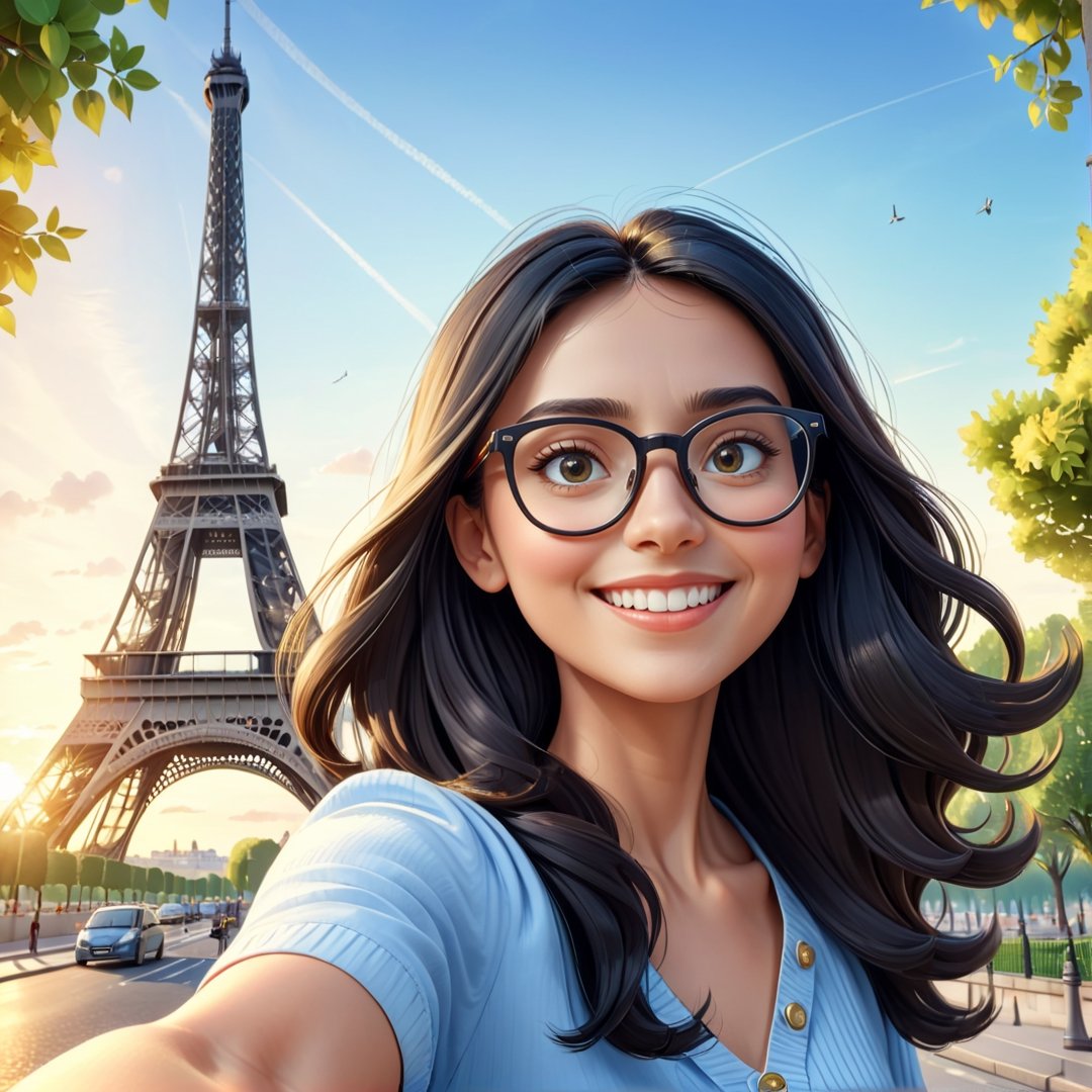 masterpiece artwork, best quality,  

Cartoon Illustration, 
A beautiful woman with beautiful round eyes, black hair, wearing eyeglasses, smiling, taking a selfie in front of the Eiffel Tower, summer morning, 

8k, octane render, natural lighting, hyperrealistic, 
3d cartoon, extremely detailed, dynamic angle, 
magic, surreal, fantasy, digital art, UHD, cinematic perfect light,