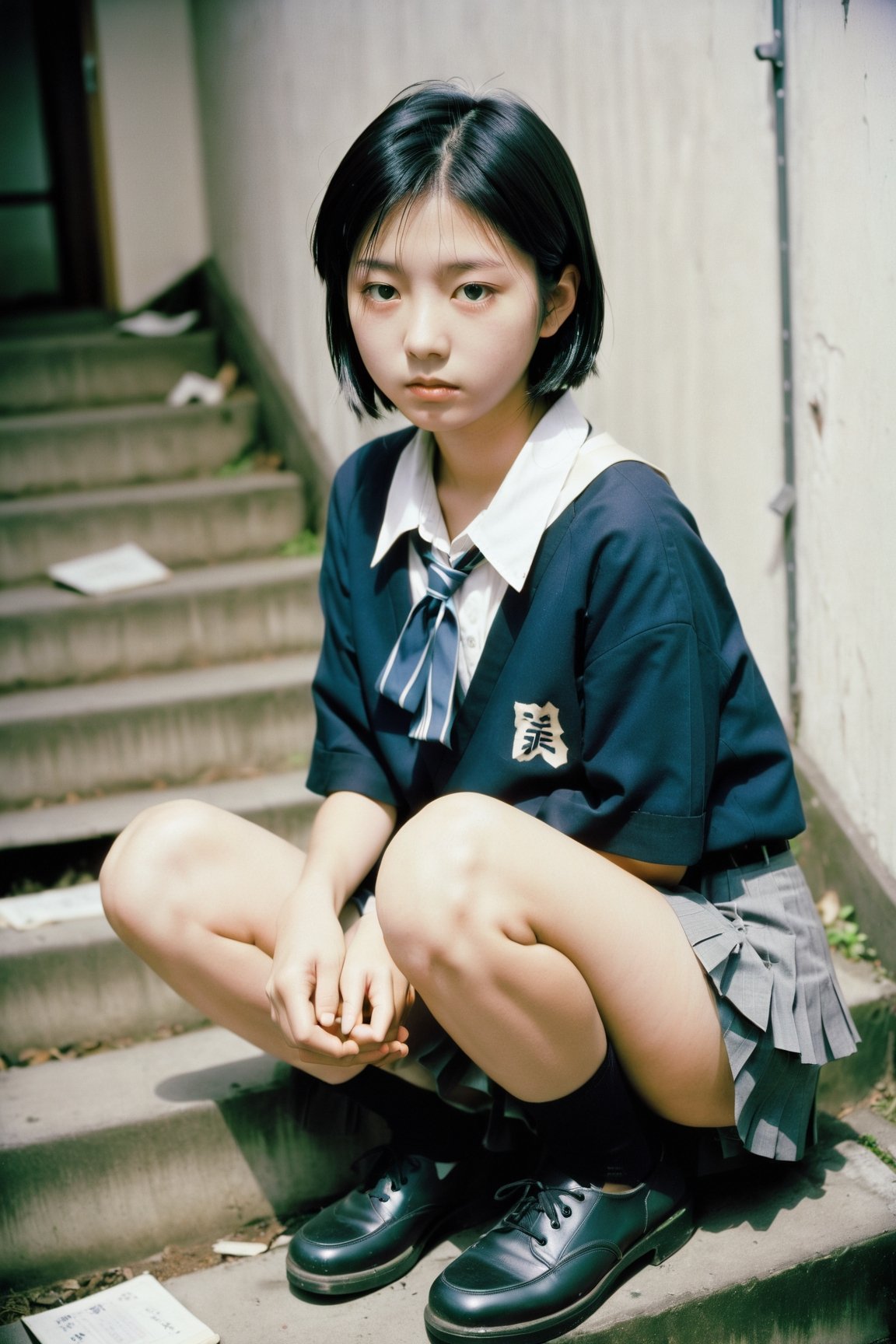 A Lomo style photograph of a beautiful teenage Japanese girl, 
short black hair, 
junior high student uniform, pleated skirt, 
Squatting in the ruins stairwell, 
great depression, 
rodenstock sironar-n, 210mm f/5.6, kodak t-max100, large format camera, 
created by Rinko Kawauchi, Osamu Yokonami, Eiki Mori, Yoshinori Mizutani, Yasumasa Yonehara, Nobuyoshi Araki, 
tintime,perfectbreasts