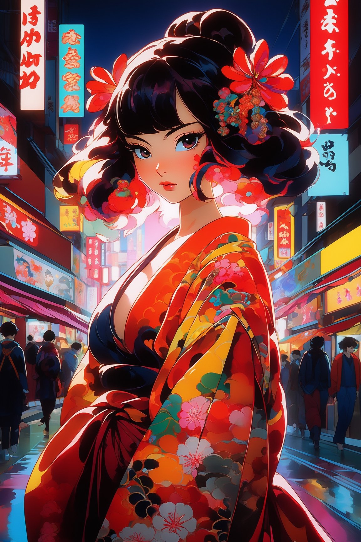 a neon-lit Tokyo street is the backdrop, bustling with life. Amidst the vibrant chaos stands a traditional Japanese geisha, adorned in a fusion of cyberpunk and Ukiyo-e attire. Her hair flows like liquid luminescence, reflecting the vivid colors of the surrounding neon signs. The geisha gazes towards the viewer with a mix of innocence and allure, yet her eyes betray a deep sense of longing and melancholy. Surrounding her are ghostly silhouettes of modern and traditional figures, hinting at the clash of cultures and the transient nature of time. 
(Beautiful breasts and thighs wrapped in bandages),

enigmatic beings with ethereal silhouettes, digital dreamscape. Illuminate the scene with the pulse of a celestial bloom,casting hues that bridge both cosmic and cybernetic realms. where the organic and the synthetic collide in a dynamic composition.Integrate augmented reality surprises, fusion of art styles, transcend boundaries and conjure a visual symphony that harmonizes the present elements.
The works include American Cult Film (cult film), Hot Rod (modified car culture), Rock & Punk and Japanese Ukiyo-e, Nobuyoshi Araki, Toshio Saeki, Rockin' Jelly Bean, Helmut Newton, Kusama Yayoi, Nara Yoshitomo, etc. representative style.
masterpiece artwork, best quality,  
8k, octane render, natural lighting, hyperrealistic, 
3d cartoon, extremely detailed, dynamic angle, 
magic, surreal, fantasy, digital art, UHD, cinematic perfect light,
,retroartstyle,DonMBl00mingF41ryXL ,IncrsDistractedBoyfriendMeme,High detailed ,Ukiyo-e,3D Render Style, in the style of esao andrews