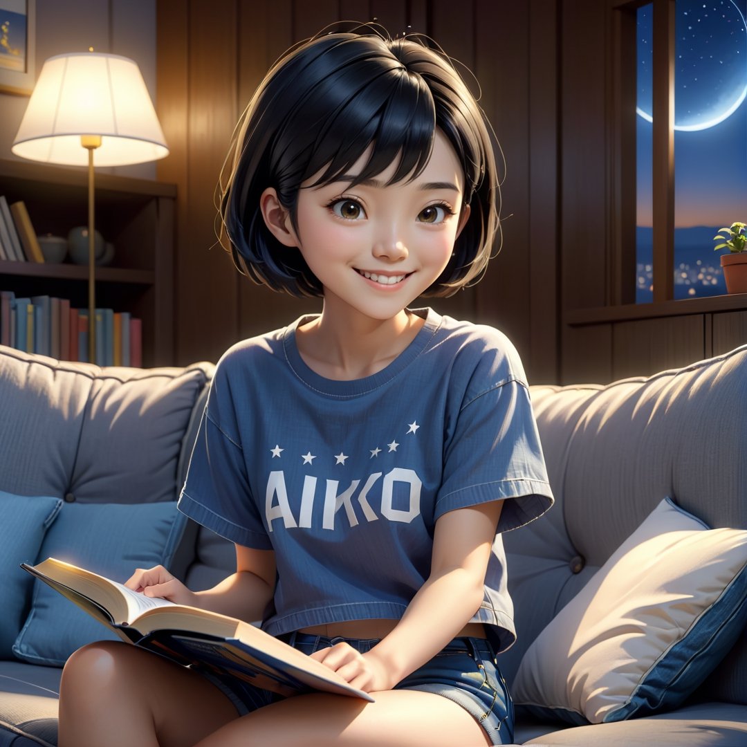 masterpiece artwork, best quality,  

Cartoon Illustration, 
A beautiful Japanese young woman named Aiko, with short black hair, wearing a Crop Top and Loose T-shirt with Denim Shorts, smiling, portrait, close-up, reading a book, sitting on a sofa, side view, at night,

8k, octane render, natural lighting, hyperrealistic, 
3d cartoon, extremely detailed, dynamic angle, 
magic, surreal, fantasy, digital art, UHD, cinematic perfect light,