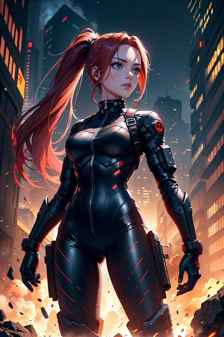 a 1girl, 20years old, хмурая, (The appearance of cyberpunk: Red hair gathered in a ponytail, Tactical eyepieces, There are luminous elements on the clothes, Cyber implants, Diode world, Combat black jumpsuit made of kivlar, In the hands of two sharp laser swords), against the backdrop of destruction and corpses of enemies, city  of the future, ultradetail, hyper realisitc, proportionally, Composition in the center, full length, The figure is completely in the frame, Behind the fire and smoke