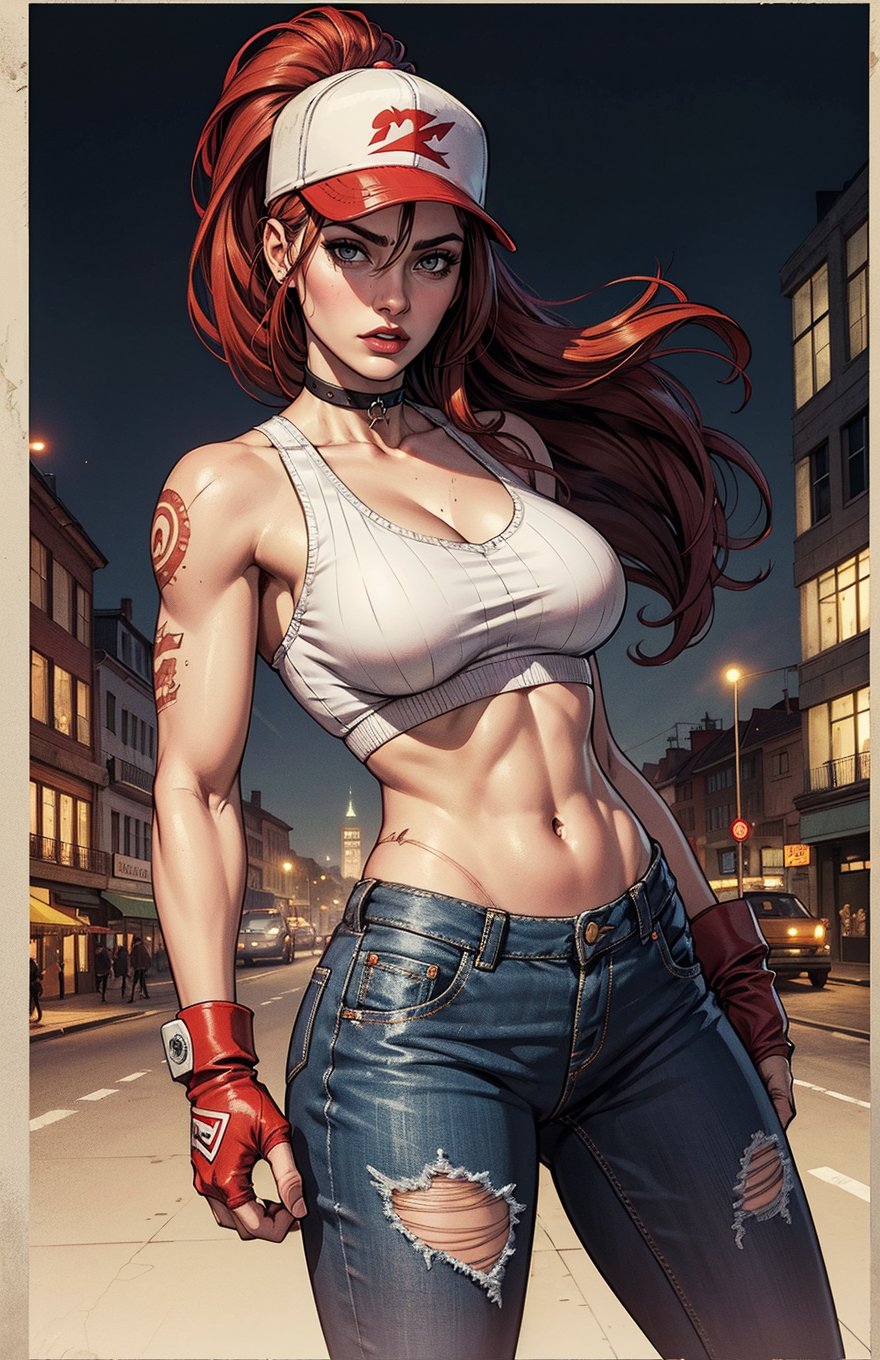 hot terry bogard girl, redhair, ponytail, red eyes, long hair, baseball cap, white crop, fingerless gloves, white jean, Detailed face, standing, scars, serious expression, tattoos, choker, looking at camera, perfect hands, beautiful face, city, perfect body, sneakers, rounded breast,girl,dabuFlatMix_v10.safetensors,More Detail