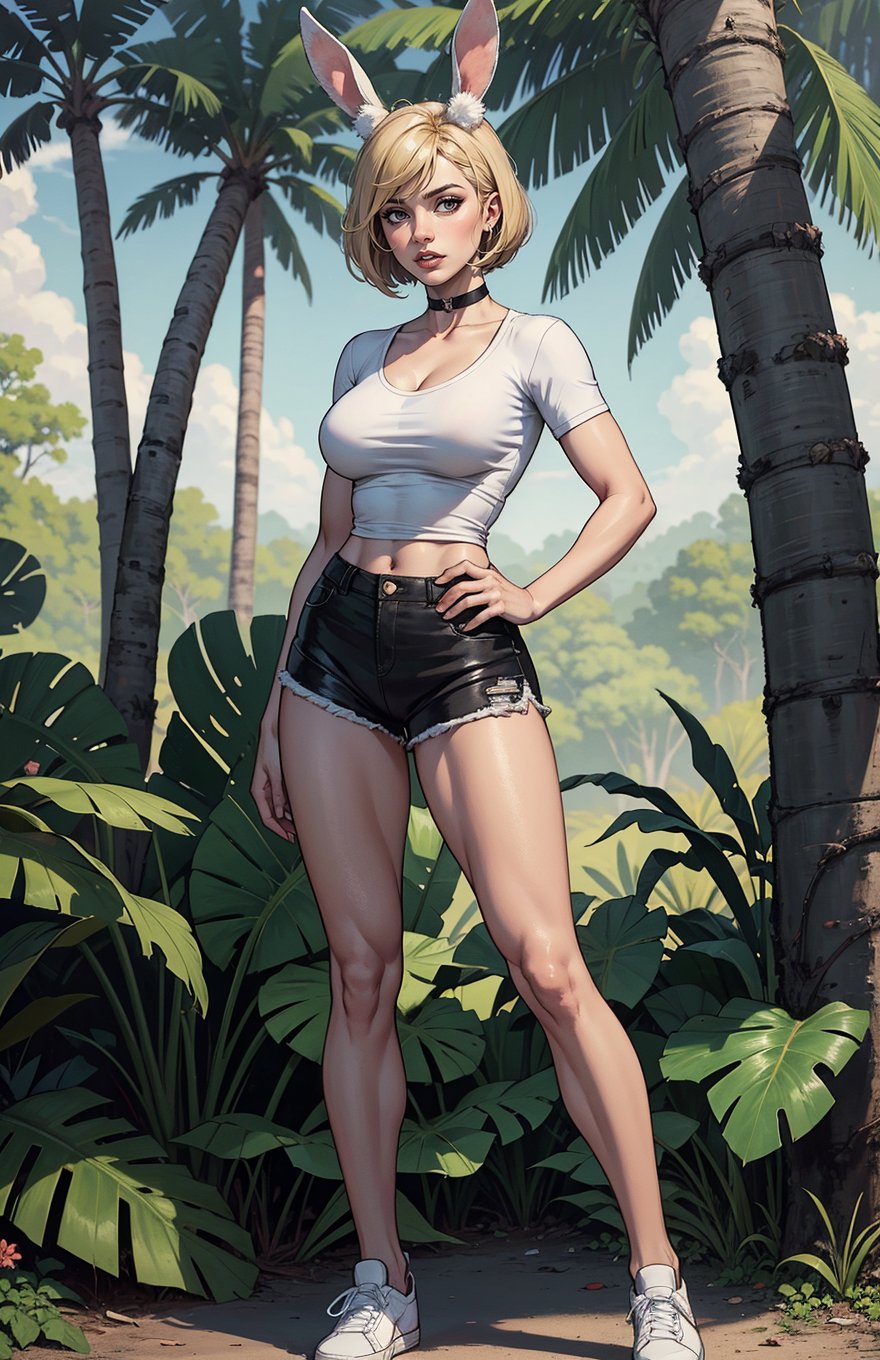 1 girl, blond hair, (choker), black girl, ebony, blue eyes, bob_cut, bunny black ears, white shirt, skimpy tight black shorts, white sneakers, standing, looking at the viewer, perfect hands, beautiful face, in the jungle, flowers, palm_trees, full body, perfect body, PERFECT HANDS, MEDIUM BREAST,Black,Ebony,dabuFlatMix_v10.safetensors