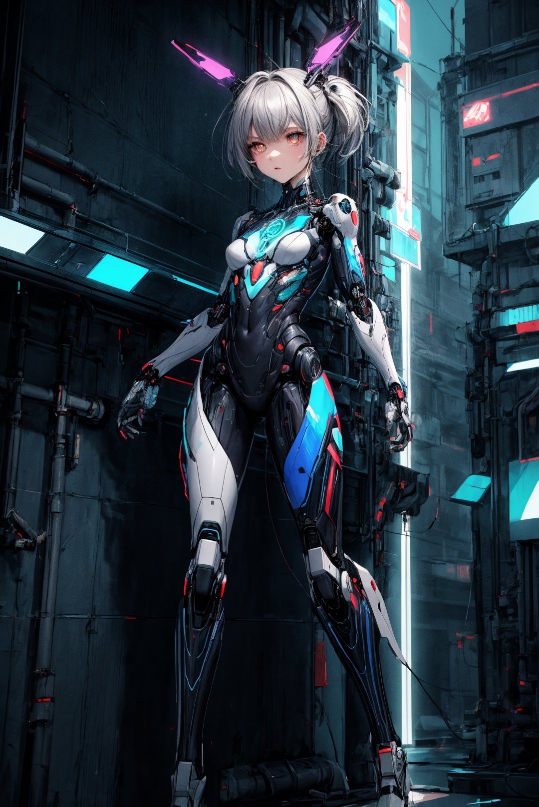 [(full body), (8K image), (ultra quality image), (ultra detailed image), (perfect body), (super detailed)],  (masterpiece), centered, ((solo)), digital art, full body, I cute robot,
have jets machine and turbo, science fiction, grey
background, vehicle focus, chibi, black and blue sky
futuristic, neon lights, I white background, simple
background, I (symetrical), glowing eyes, ((text "TA"
on wall everywhere)),zj,DonShr00mXL, Transparent clothes, cyberpunk, cybernetic body, symbiote body with mechanics