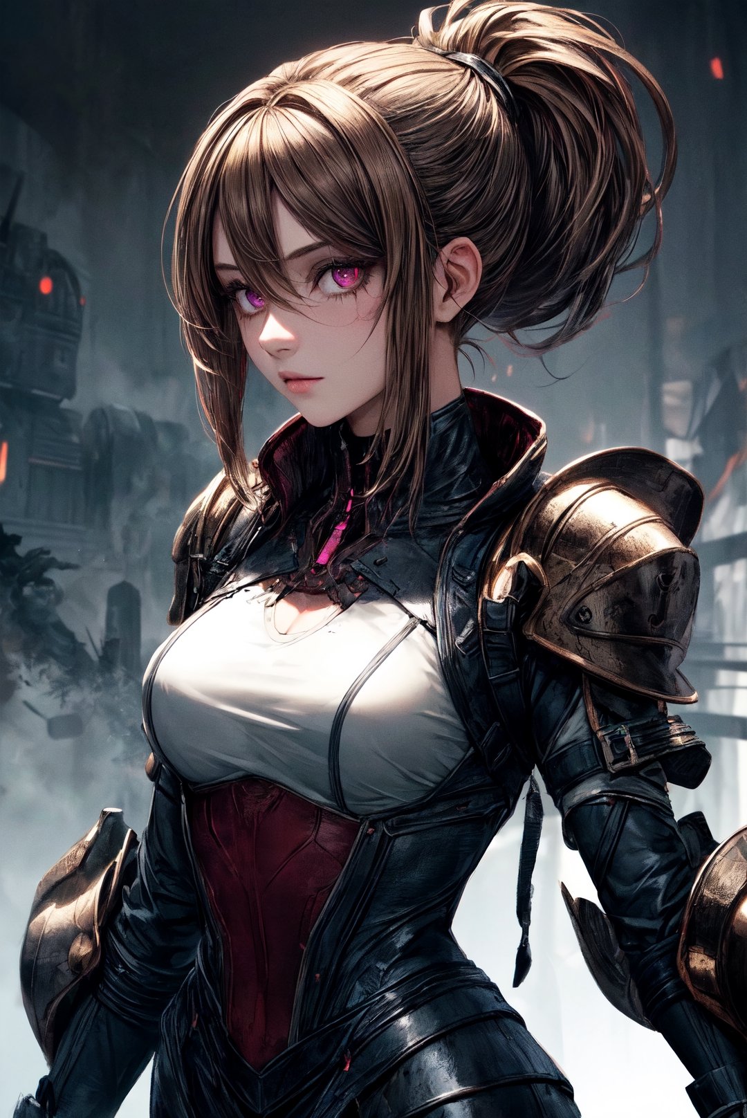 {[(8K quality image), (full body), (ultra quality image), (ultra detailed image), (perfect body), (super detailed)]}, 
01 woman, brown hair, hair tied in a ponytail with a strand of hair, purple eyes,, dead space game, horror style, steampunk style armor, backgroud destroyed special ship scenario