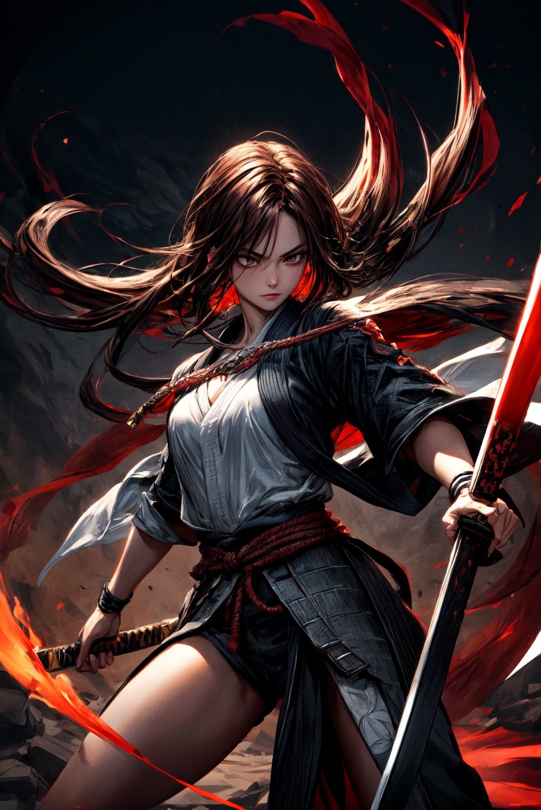 {[(8K quality image), (full body), (ultra quality image), (ultra detailed image), (perfect body), (super detailed)]}, 
Woman samurai, long black hair, reddish brown eyes, defined body, combat stance, serious face, psychedelic setting,