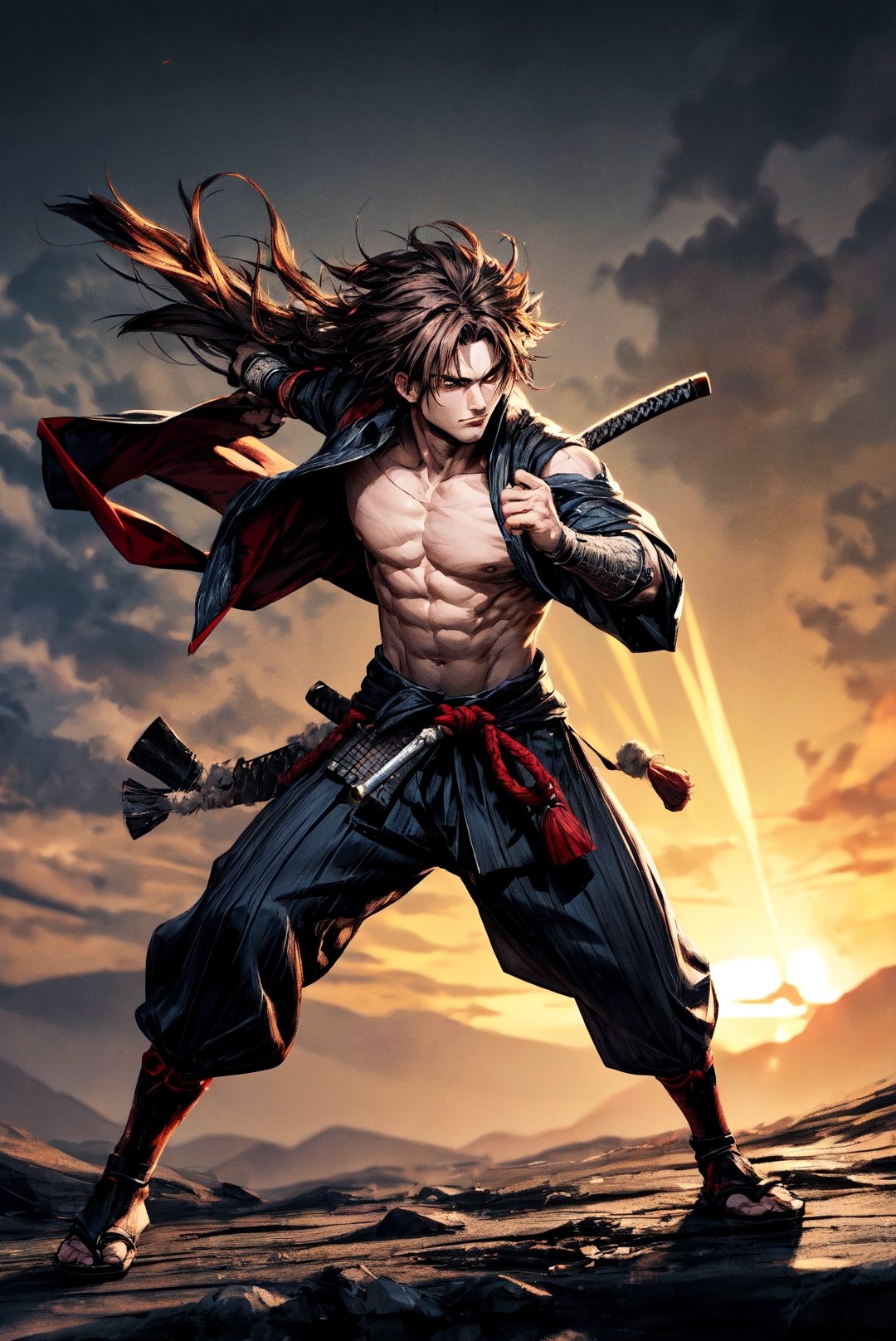 {[(8K quality image), (full body), (ultra quality image), (ultra detailed image), (perfect body), (super detailed)]}, 
samurai, long black hair, reddish brown eyes, defined body, combat stance, serious face, psychedelic setting,