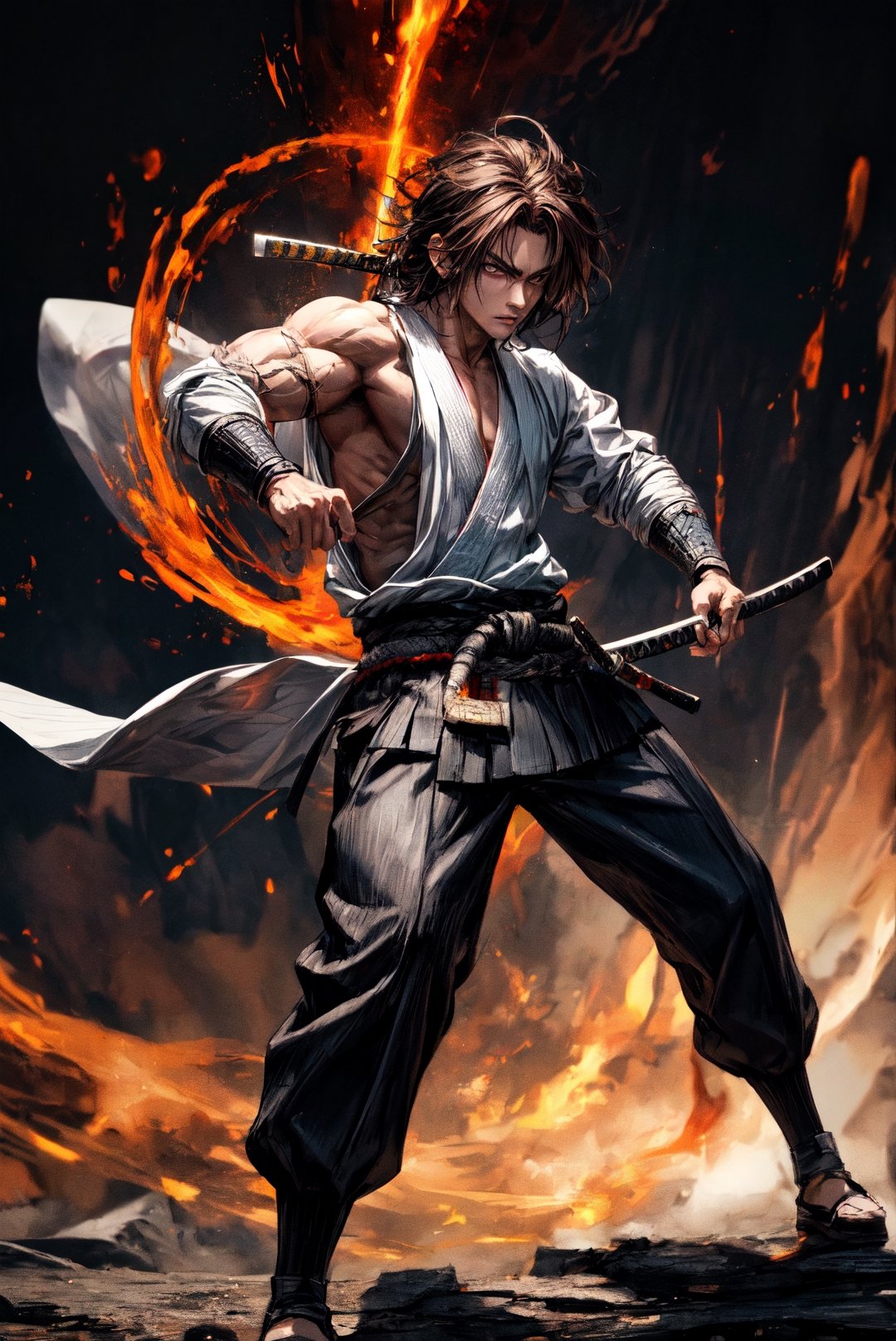 {[(8K quality image), (full body), (ultra quality image), (ultra detailed image), (perfect body), (super detailed)]}, 
samurai, long black hair, reddish brown eyes, defined body, combat stance, serious face, psychedelic setting,