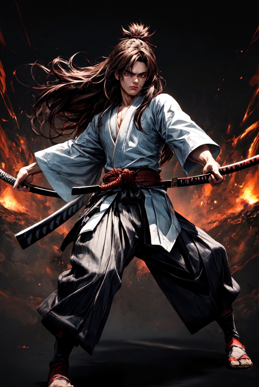 {[(8K quality image), (full body), (ultra quality image), (ultra detailed image), (perfect body), (super detailed)]}, 
samurai, long black hair, reddish brown eyes, defined body, combat stance, serious face, psychedelic setting,