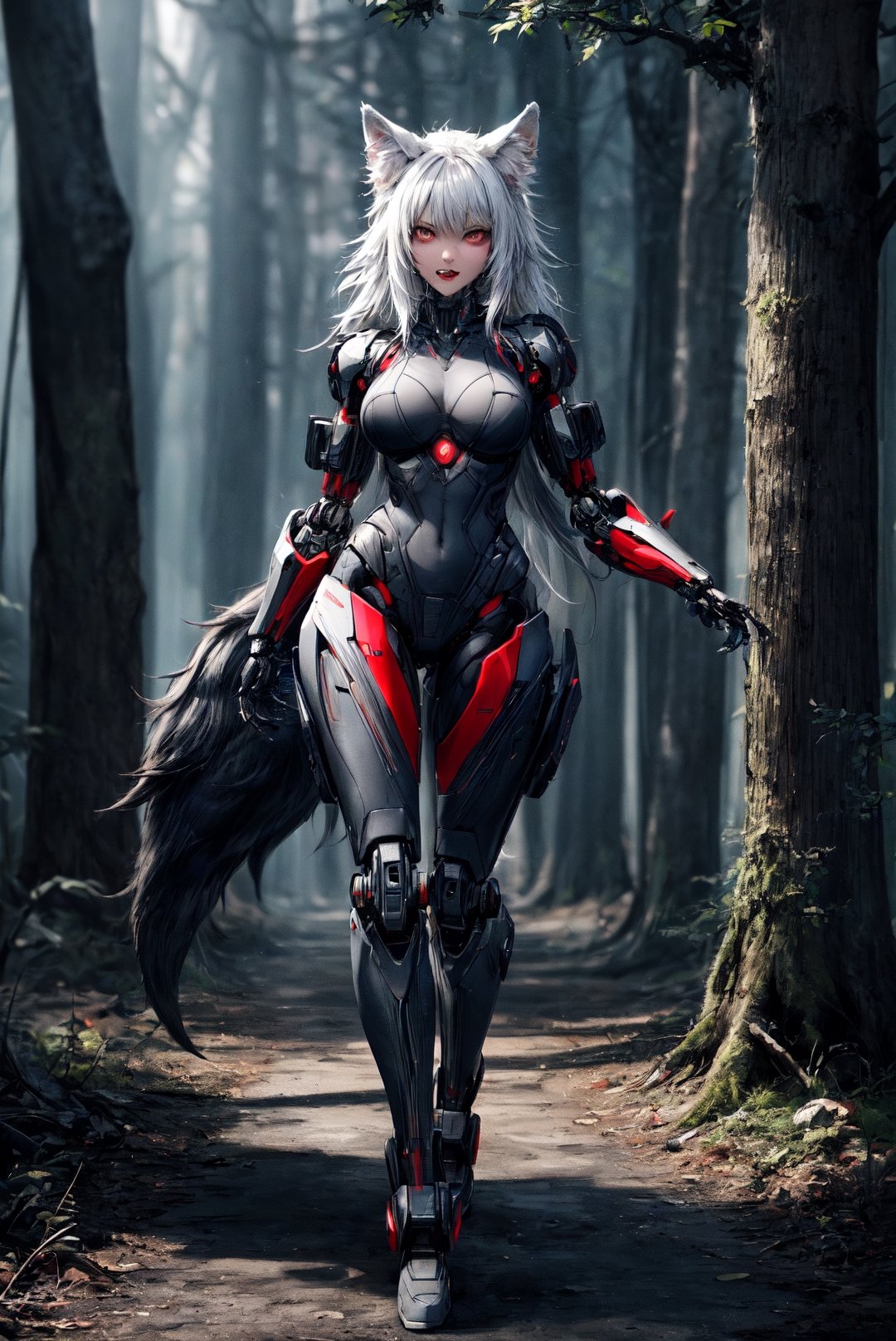 {[(8K quality image), (full body), (ultra quality image), (ultra detailed image), (perfect body), (super detailed)]}, 
demi-human woman, wolf ears, wolf tail,
wild, in the middle of the forest, gray fur, red eyes,
gray waist-length hair, claws, hunting, fangs showing, cybenetic, style cyberpunk, robot