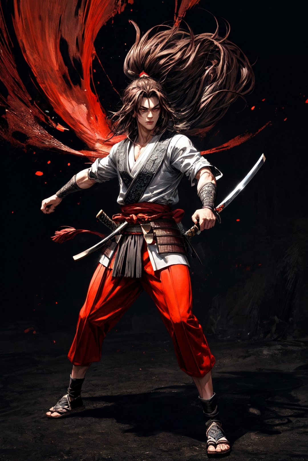 {[(8K quality image), (full body), (ultra quality image), (ultra detailed image), (perfect body), (super detailed)]}, 
samurai, long black hair, reddish brown eyes, defined body, combat stance, serious face, psychedelic setting,