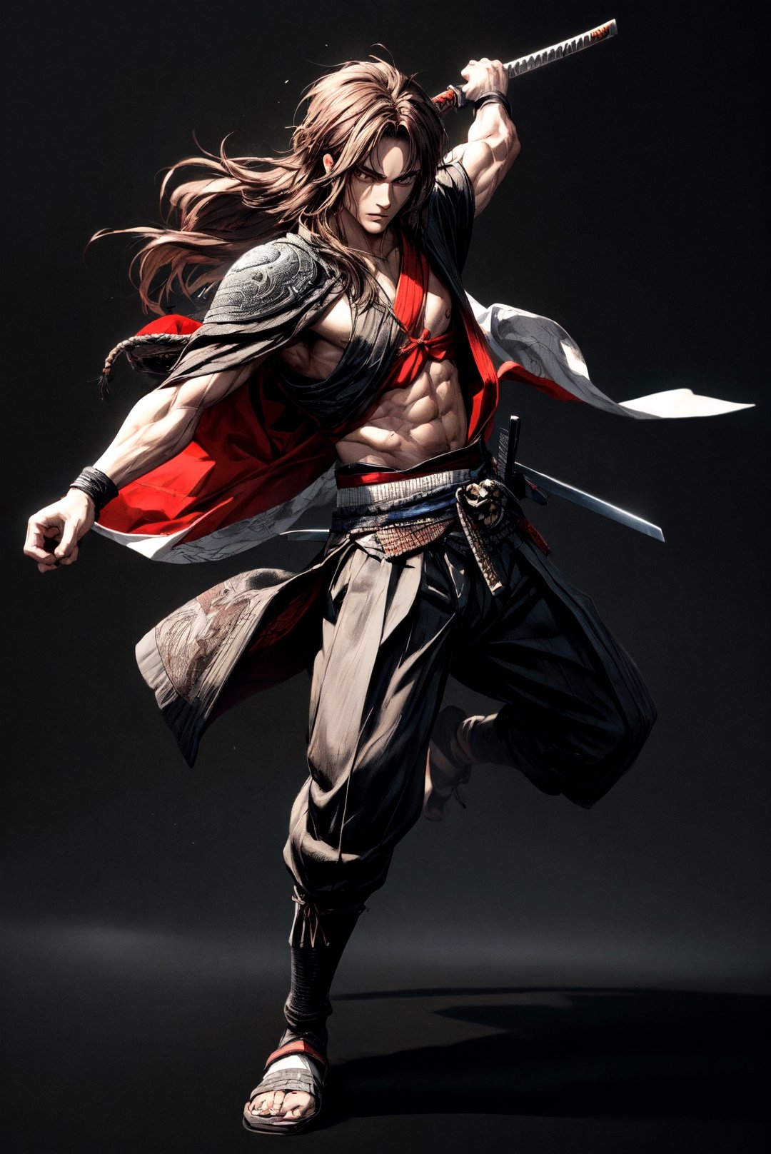 {[(8K quality image), (full body), (ultra quality image), (ultra detailed image), (perfect body), (super detailed)]}, 
samurai, long black hair, reddish brown eyes, defined body, combat stance, serious face, psychedelic setting,