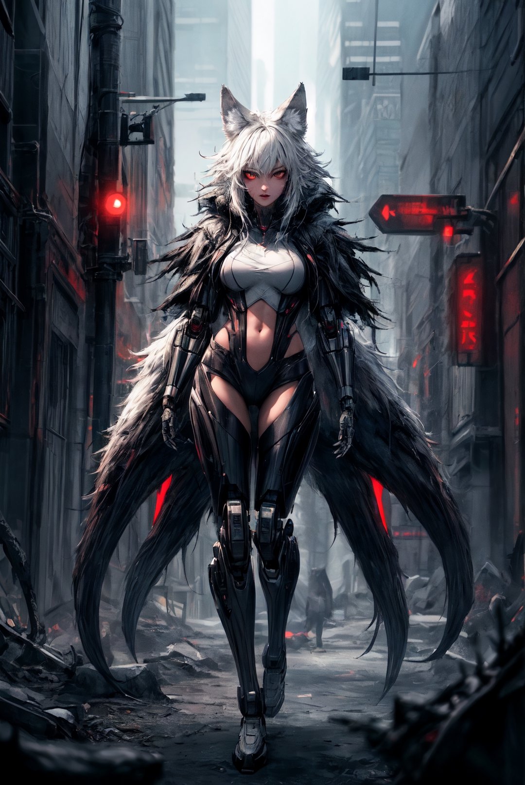 {[(8K quality image), (full body), (ultra quality image), (ultra detailed image), (perfect body), (super detailed)]}, 
demi-human woman, wolf ears, wolf tail,
wild, in the middle of the forest, gray fur, red eyes,
gray waist-length hair, claws, hunting, fangs showing, cybenetic, style cyberpunk, robot