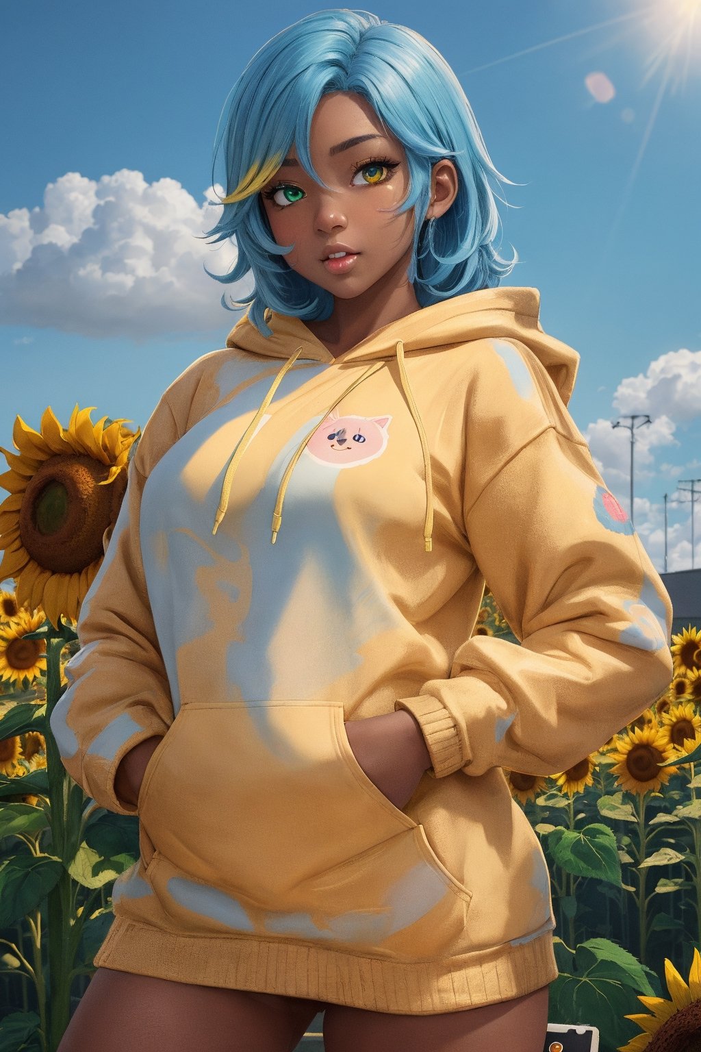 (masterpiece), best quality, ultra-detailed, illustration, (kawaii style), pastel colors, kawaii, cute colors, , 1girl, candacernd, ,heterochromia, dark-skinned female, yellow eyes, blue eyes, tan skin, blue hair, (alternate costume), regular outfit, baggy hoodie, yellow hoodie, sunflower, sunflower fiels, blue sky,candacedef, in sexy pose