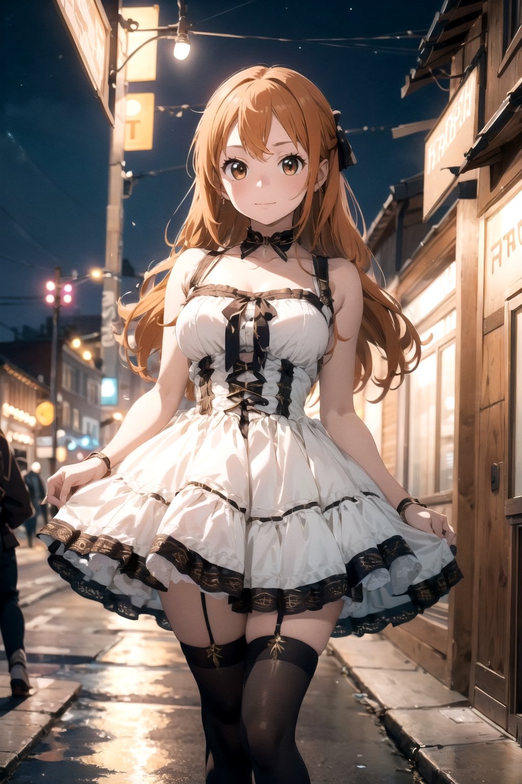 a beautiful woman in a dress, big boobs, hughly detailed, perfect anatomy ,ahg, sfw,NamiOP, full body shot, orange hair
,flrl frock, white dress, lolita fashion, lace,white dress, thigh high, corset, cross-laced clothes,aqua dress, street photography, full body, night time, lights, depth_of_field ,lolita fashion,breakdomain