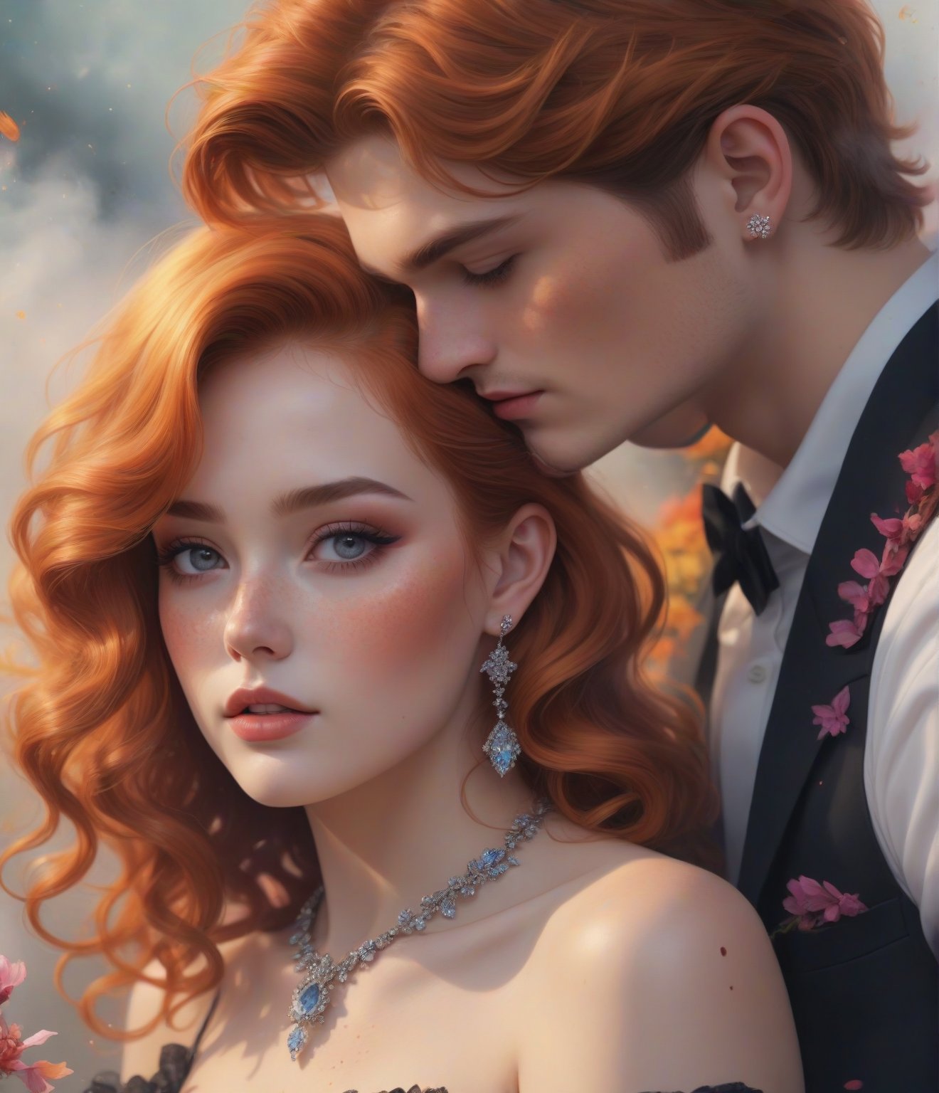 Masterpiece, 4K, ultra detailed, beautiful freckles romantic couple natural makeup, beautiful Smokey eyes and glossy lips, dangling earring and crystal necklace, ginger and black ombre hair, romantic flower petals, colorful bellowing smoke, depth of field, SFW,watercolor \(medium\)