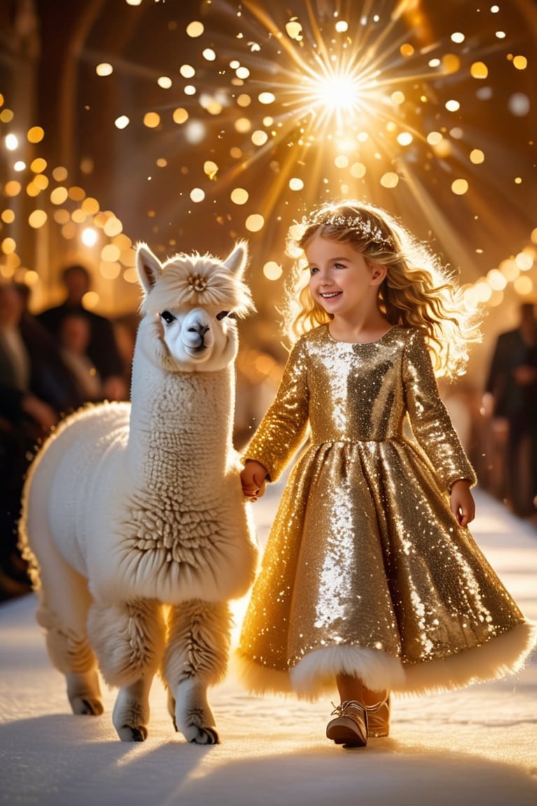 "Create a whimsical and heartwarming scene of a small girl walking hand-in-hand with a fluffy white alpaca on a glossy, reflective runway. The girl is dressed in a sparkling, sequined golden dress that catches the light, creating a soft glow around her. Her expression is joyful and innocent as she confidently walks beside the alpaca, which is equally charming with its soft, woolly fur. The runway reflects their figures, doubling the enchantment of the moment. In the background, soft bokeh lights in golden and white hues create a magical atmosphere, with spectators blurred into the background, keeping the focus entirely on the girl and her alpaca. The overall lighting is warm, highlighting the shimmering details of the dress and adding a dreamy, fairy-tale-like quality to the scene."
