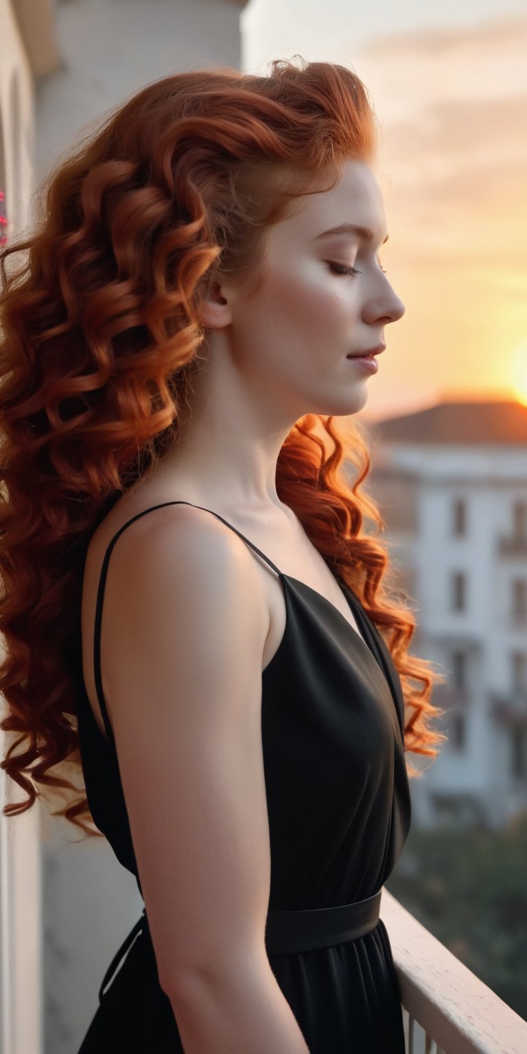 (((Raw realistic))) a red headed curly long hair cute girl in black dress standing on balcony background sunset .close eyes she feel the opposite side air flow wearing a crown realistic 