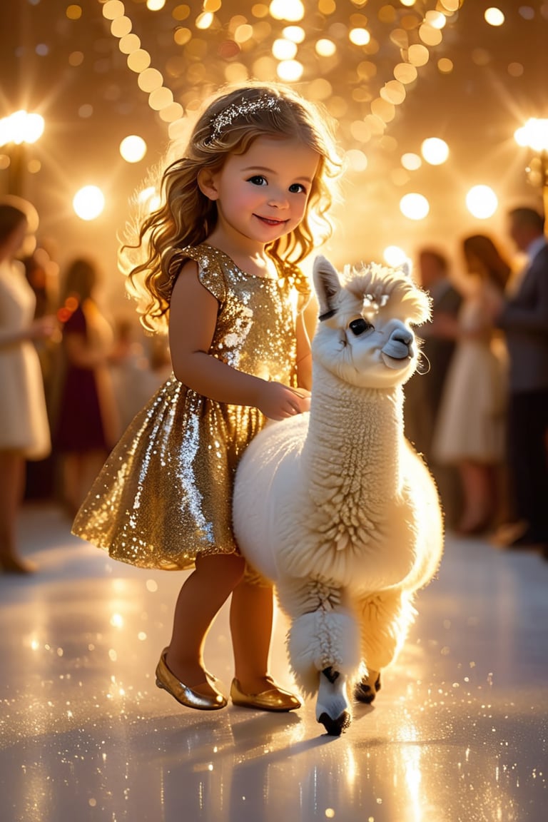 "Create a whimsical and heartwarming scene of a small 3 year old girl walking hand-in-hand with a fluffy white alpaca on a glossy, reflective runway. The girl is dressed in a sparkling, sequined golden dress that catches the light, creating a soft glow around her. Her expression is joyful and innocent as she confidently walks beside the alpaca, which is equally charming with its soft, woolly fur. The runway reflects their figures, doubling the enchantment of the moment. In the background, soft bokeh lights in golden and white hues create a magical atmosphere, with spectators blurred into the background, keeping the focus entirely on the girl and her alpaca. The overall lighting is warm, highlighting the shimmering details of the dress and adding a dreamy, fairy-tale-like quality to the scene."
