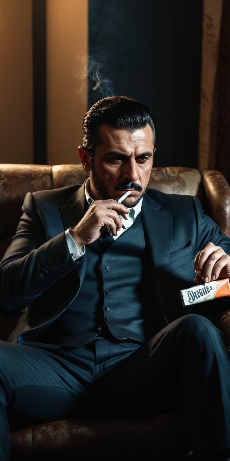 Raw realistic Handsome dangerous mafia man in hand cigarettes sitting on sofa with attitude  ((((realistic)))) cinematic 