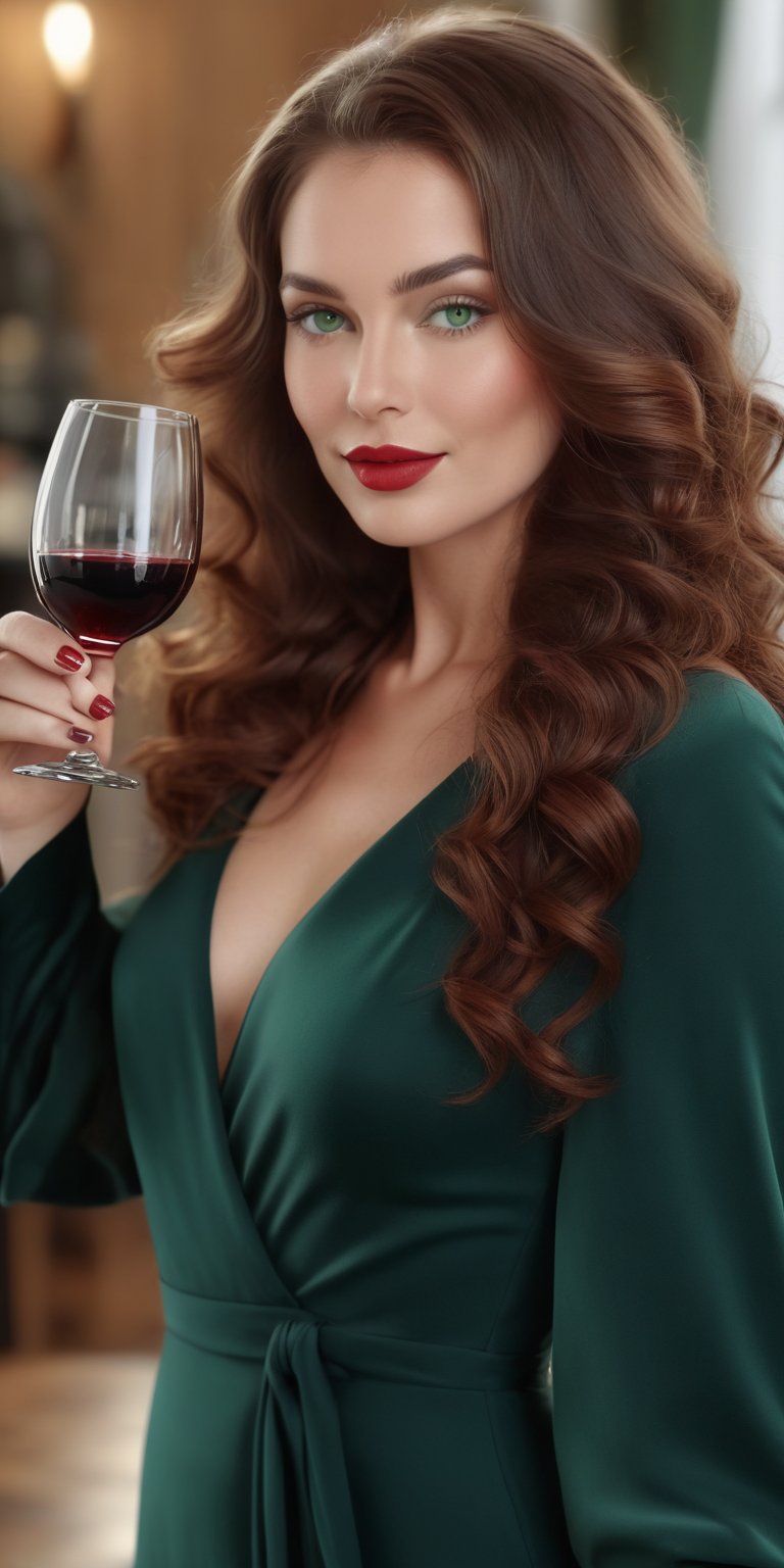 Raw realistic a brown headed long curly hair beautiful women with green eyes long dark lashesh perfect nose perfect lips bigg boos and bigg ass . wearing red maxy holding wine glass in hand (((((((realistic)))))))