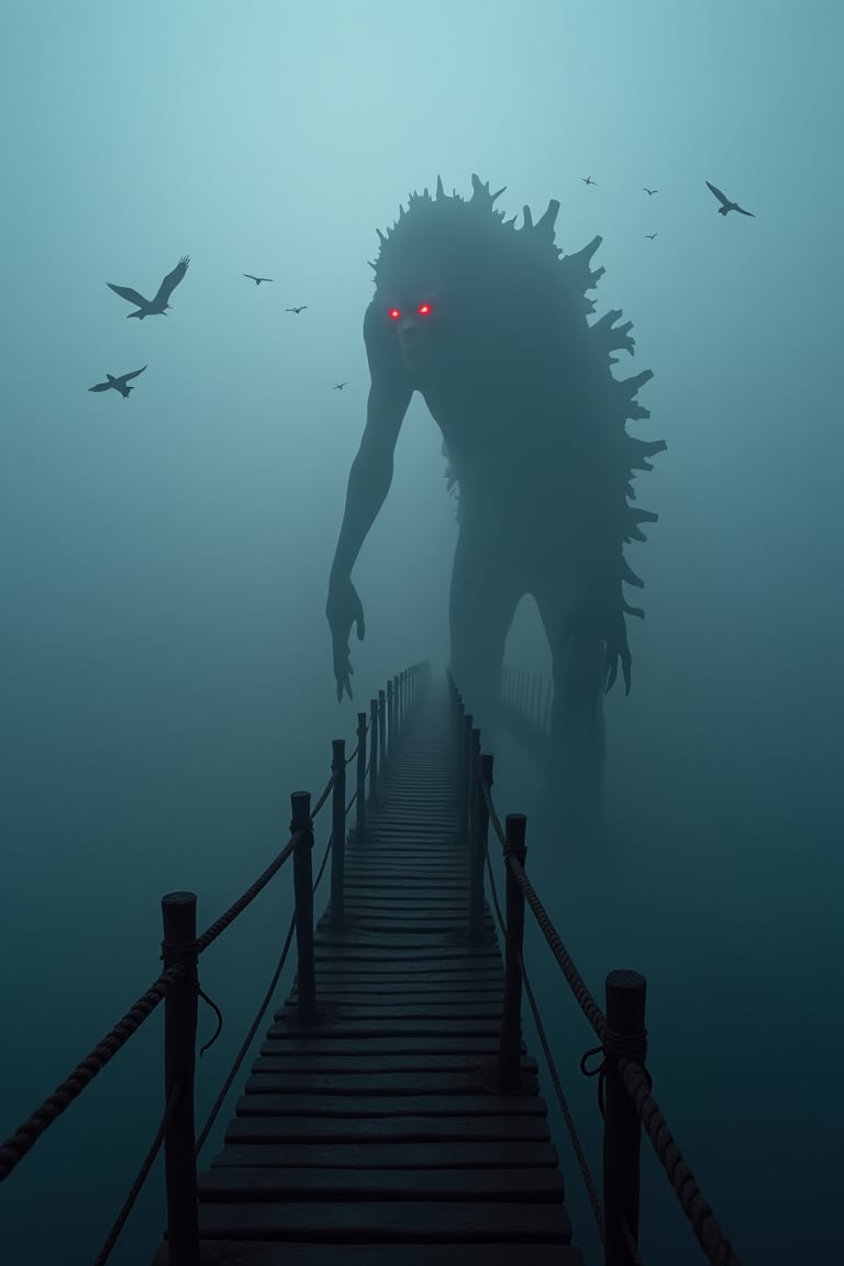 extremely realistic black wooden and rope path way high over a canyan into heavy fog with extremelyrealistic tall monster red eyes faintly ,very dark skies,myserious aura,elevated high in the air,red eyes in the fog,realistic black ravens flying