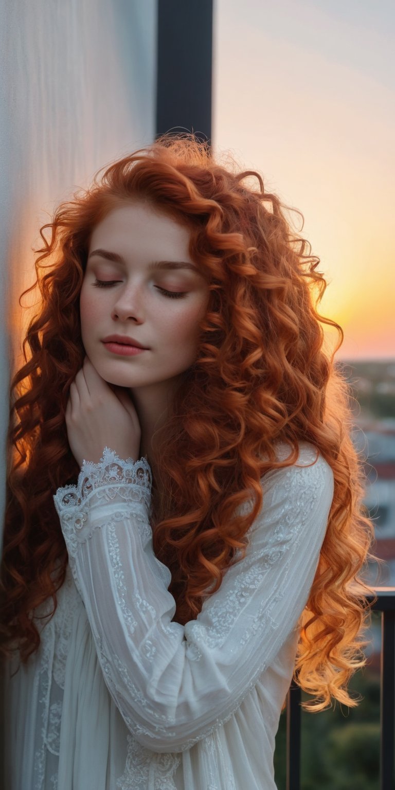 (((Raw realistic))) a red headed curly long hair cute girl standing on balcony background sunset .close eyes she feel the opposite side air flow wearing a crown realistic 