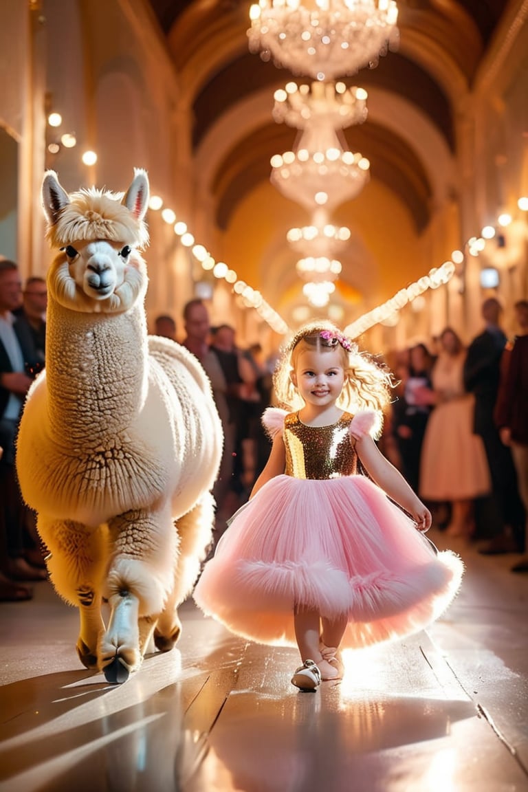 "Create a whimsical and heartwarming scene of a small 2 year old chubby blue bg eyes long lashes pink cheeks and pink lips girl walking hand-in-hand with a fluffy white alpaca on a glossy, reflective runway. The girl is dressed in a sparkling, sequined golden dress that catches the light, creating a soft glow around her. Her expression is joyful and innocent as she confidently walks beside the alpaca, which is equally charming with its soft, woolly fur. The runway reflects their figures, doubling the enchantment of the moment. In the background, soft bokeh lights in golden and white hues create a magical atmosphere, with spectators blurred into the background, keeping the focus entirely on the girl and her alpaca. The overall lighting is warm, highlighting the shimmering details of the dress and adding a dreamy, fairy-tale-like quality to the scene."
