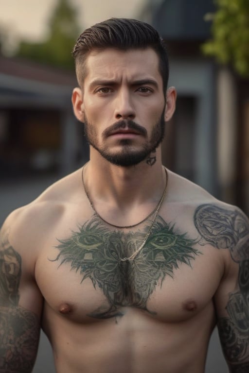 Raw realistic .A dangerous (((((((((((((handsome))))))))))))))  german man .with green eyes . And light beard on face golder broen and black hair on head .serious  look on face without shirt tatto on right muscle looking at camera with (((((attitude))))) background abbandon city evening time .. ((((((realistic)))))) cinematic.