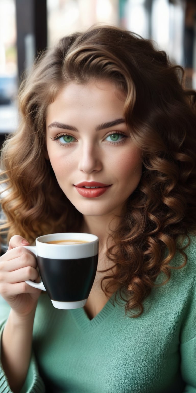 Raw realistic a brown headed long curly hair beautiful women with green eyes long dark lashesh perfect nose perfect lips bigg boos and bigg ass  . drinking coffee at a caffe (((((((realistic)))))))