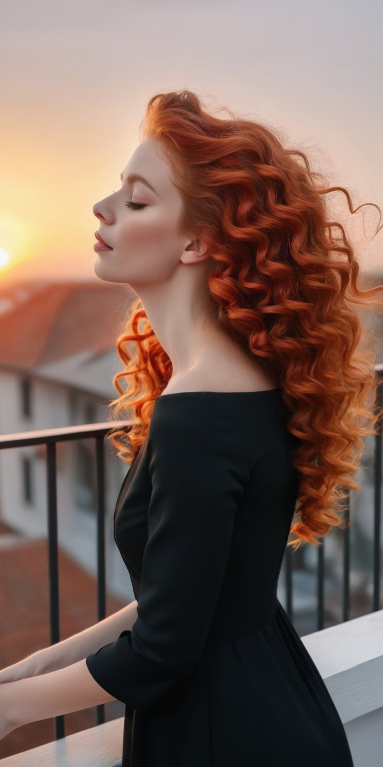 (((Raw realistic))) a red headed curly long hair cute girl in black dress standing on balcony background sunset .close eyes she feel the opposite side air flow wearing a crown realistic 