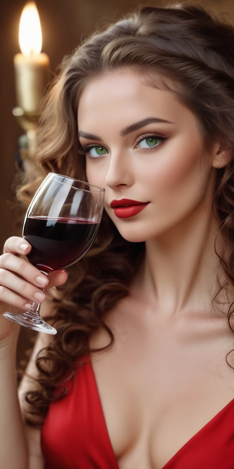 Raw realistic a brown headed long curly hair beautiful women with green eyes long dark lashesh perfect nose perfect lips bigg boos and bigg ass . wearing red maxy holding wine glass in hand (((((((realistic)))))))