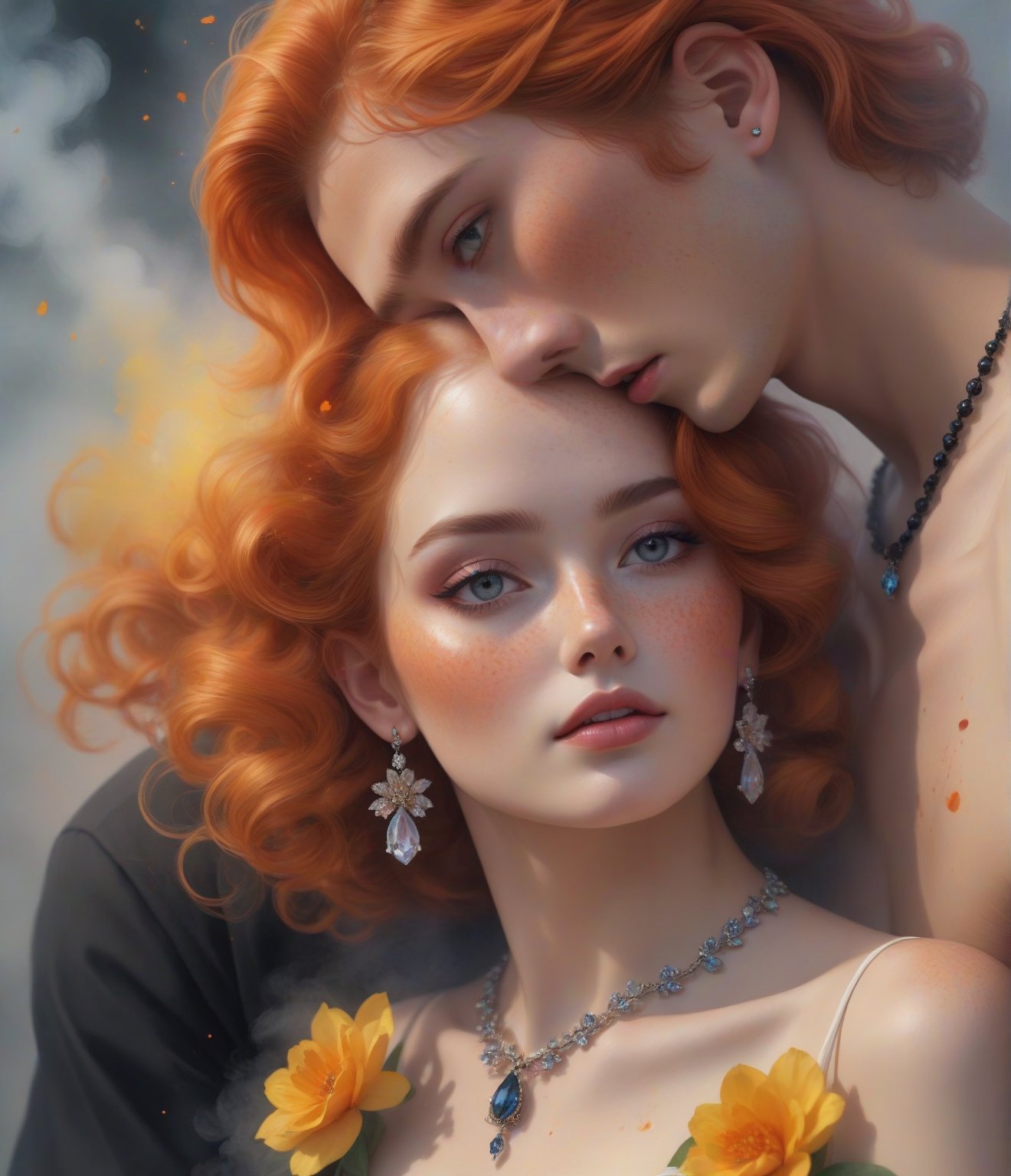 Masterpiece, 4K, ultra detailed, beautiful freckles romantic couple natural makeup, beautiful Smokey eyes and glossy lips, dangling earring and crystal necklace, ginger and black ombre hair, romantic flower petals, colorful bellowing smoke, depth of field, SFW,watercolor \(medium\)