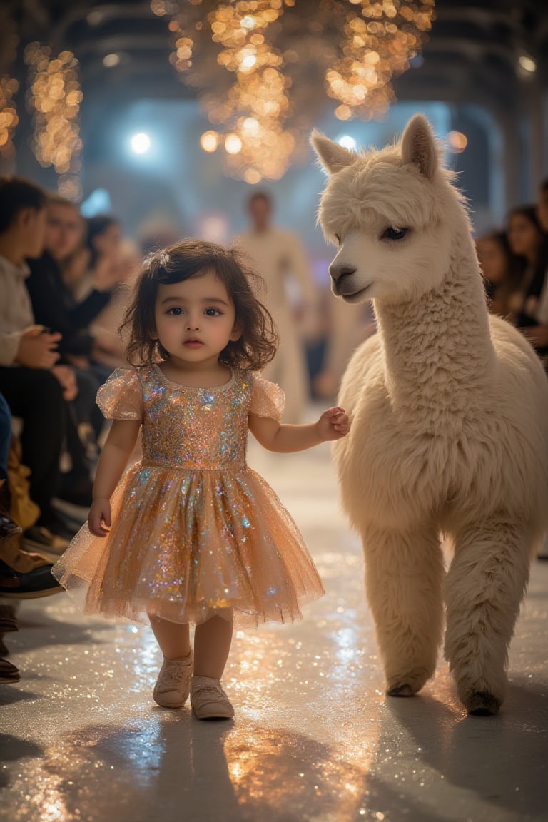 "Create a whimsical and heartwarming scene of a small 2 year old chubby blue bg eyes long lashes pink cheeks and pink lips girl walking hand-in-hand with a fluffy white alpaca on a glossy, reflective runway. The girl is dressed in a sparkling, sequined golden dress that catches the light, creating a soft glow around her. Her expression is joyful and innocent as she confidently walks beside the alpaca, which is equally charming with its soft, woolly fur. The runway reflects their figures, doubling the enchantment of the moment. In the background, soft bokeh lights in golden and white hues create a magical atmosphere, with spectators blurred into the background, keeping the focus entirely on the girl and her alpaca. The overall lighting is warm, highlighting the shimmering details of the dress and adding a dreamy, fairy-tale-like quality to the scene."
