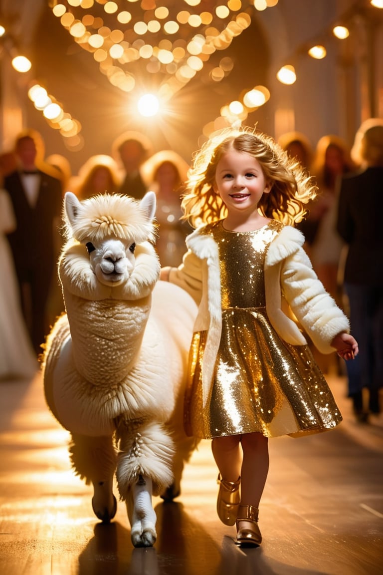 "Create a whimsical and heartwarming scene of a small 3 year old girl walking hand-in-hand with a fluffy white alpaca on a glossy, reflective runway. The girl is dressed in a sparkling, sequined golden dress that catches the light, creating a soft glow around her. Her expression is joyful and innocent as she confidently walks beside the alpaca, which is equally charming with its soft, woolly fur. The runway reflects their figures, doubling the enchantment of the moment. In the background, soft bokeh lights in golden and white hues create a magical atmosphere, with spectators blurred into the background, keeping the focus entirely on the girl and her alpaca. The overall lighting is warm, highlighting the shimmering details of the dress and adding a dreamy, fairy-tale-like quality to the scene."
