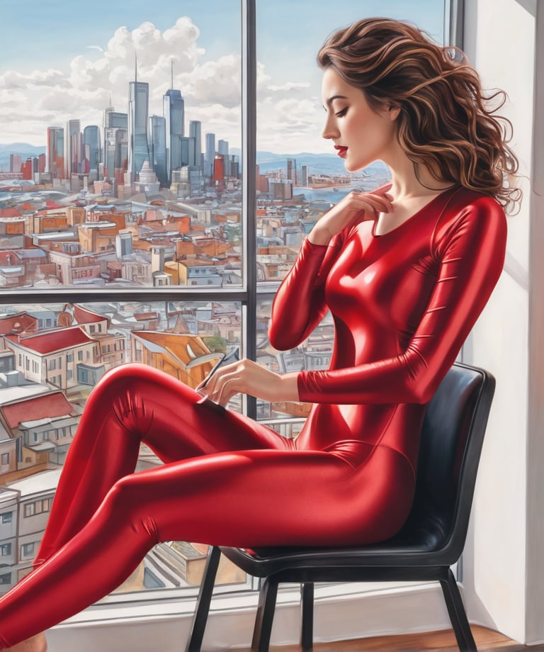 Artistic drawing, woman with brown wavy hair wearing a no neck red shiny spandex unitard, sitting on a chair drawing a cityscape, barefoot 