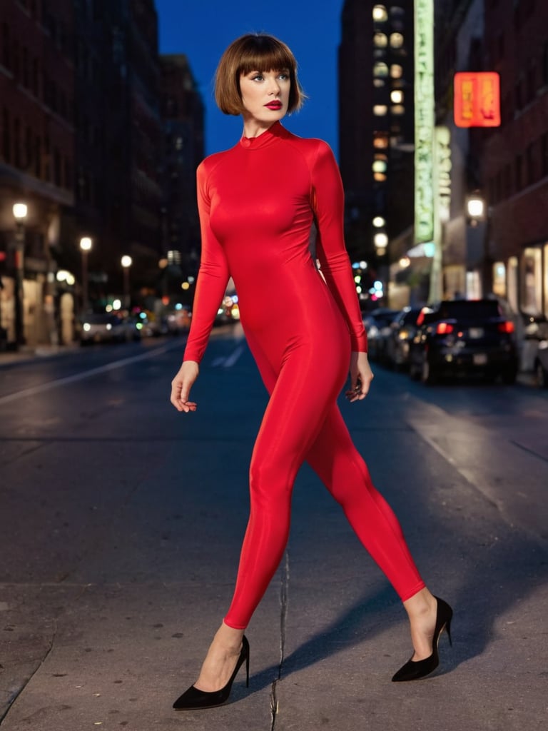 Woman wearing no neck red spandex unitard, short brown hair, bangs, black heels, night in a city, walking 